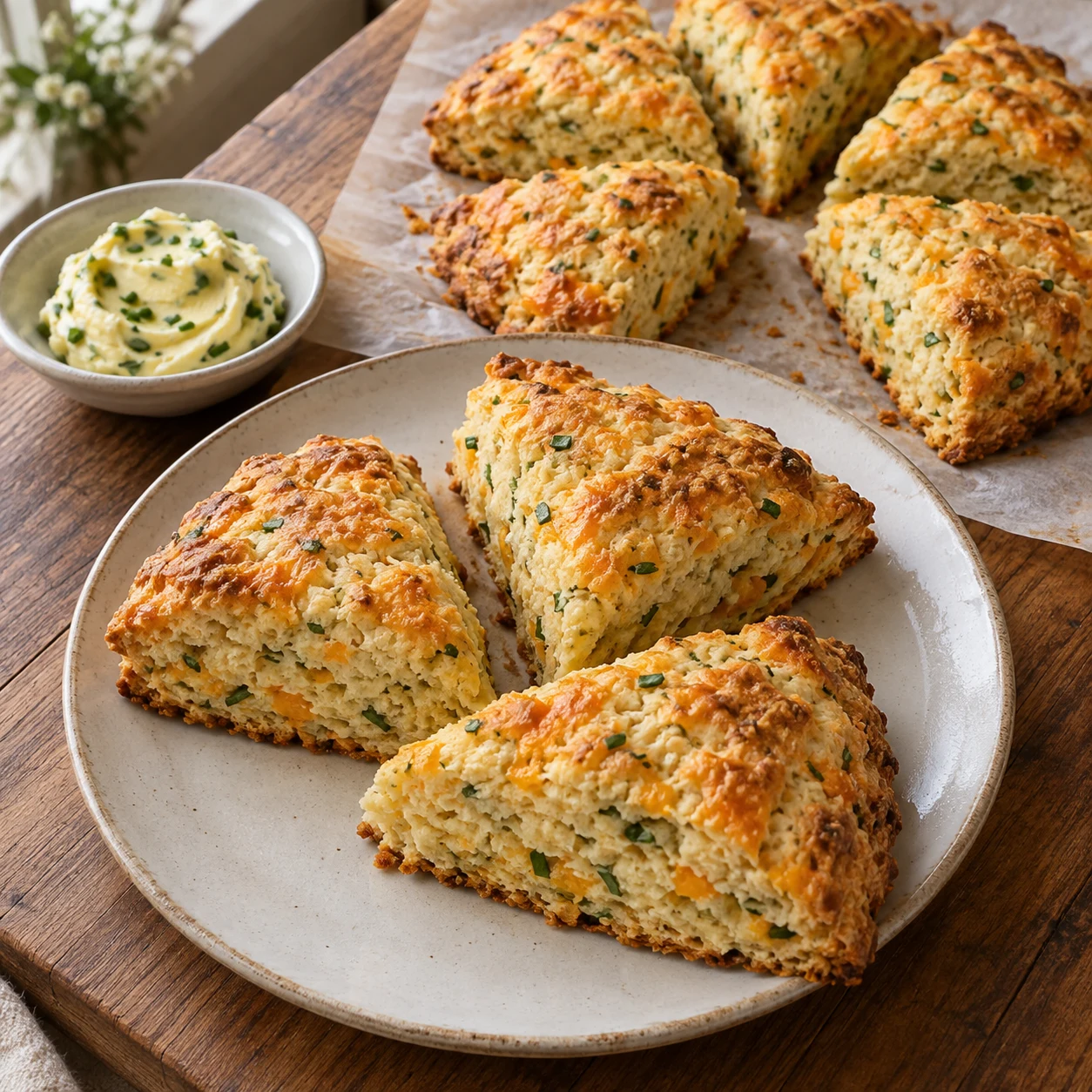 Triangular cheddar and herb scones beside a small dish of chive butter.