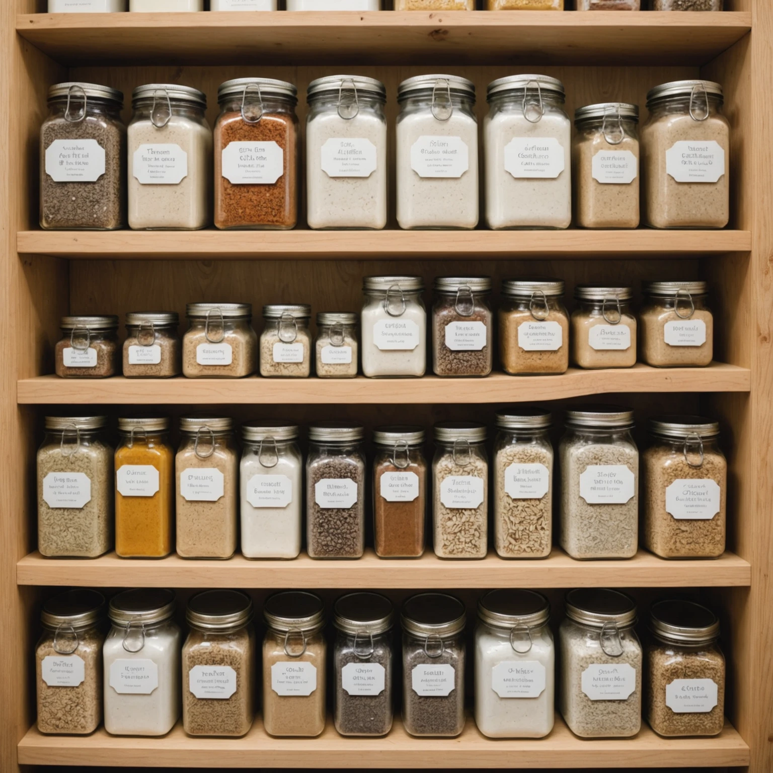 Well-organized gluten-free pantry shelf with labeled containers of essential gluten-free flours, starches, binders, and spices