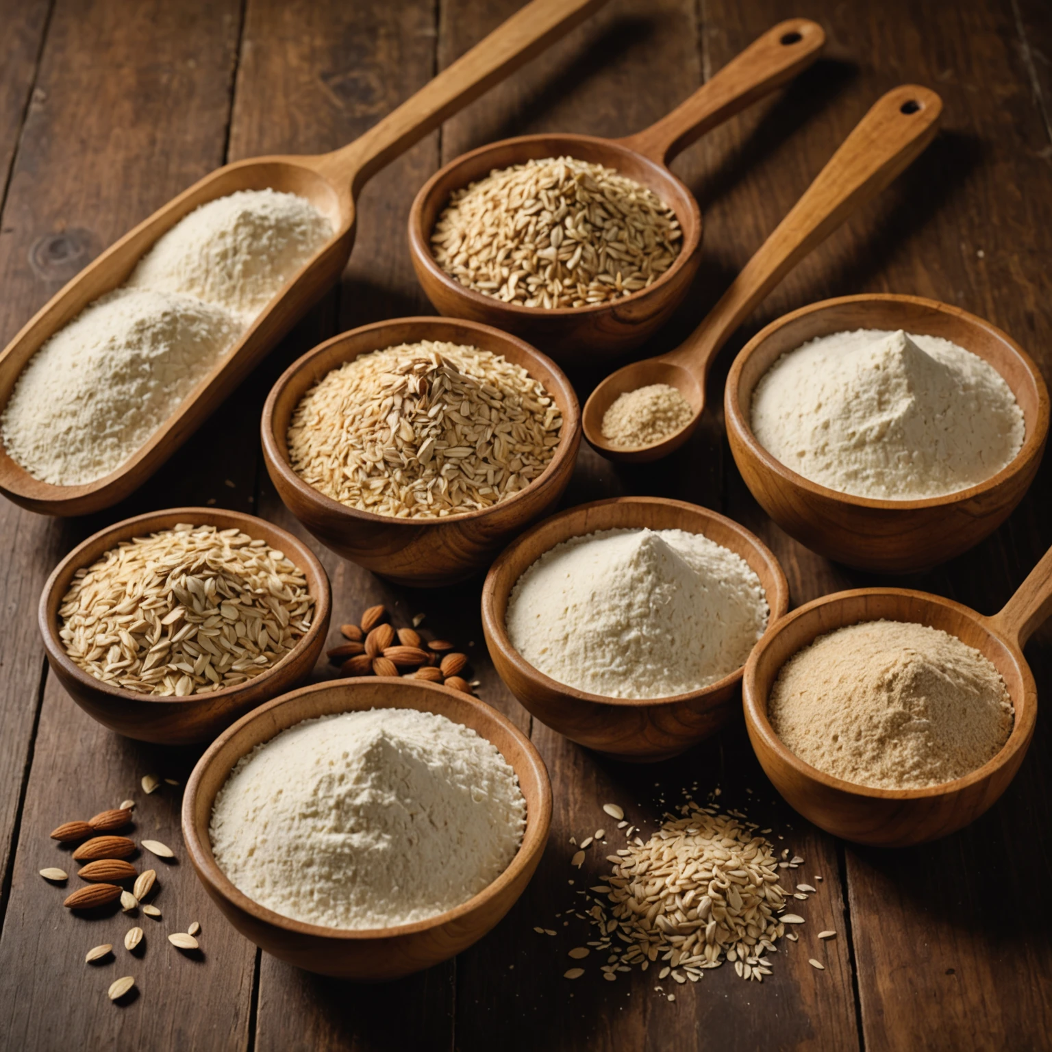 Close-up of diverse gluten-free flours in bowls on a wooden kitchen counter showcasing natural textures