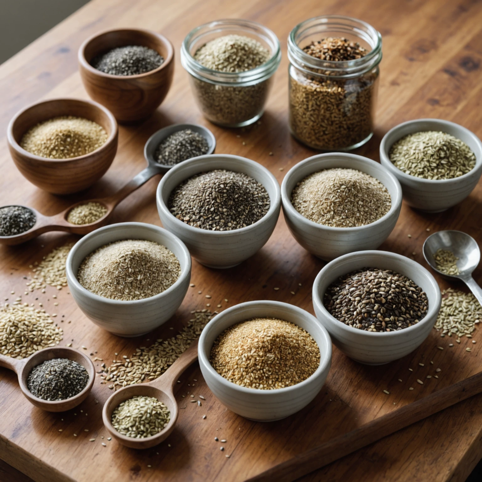 Essential gluten-free binders and thickeners like xanthan gum, flaxseed, and chia seeds in small bowls on a kitchen counter