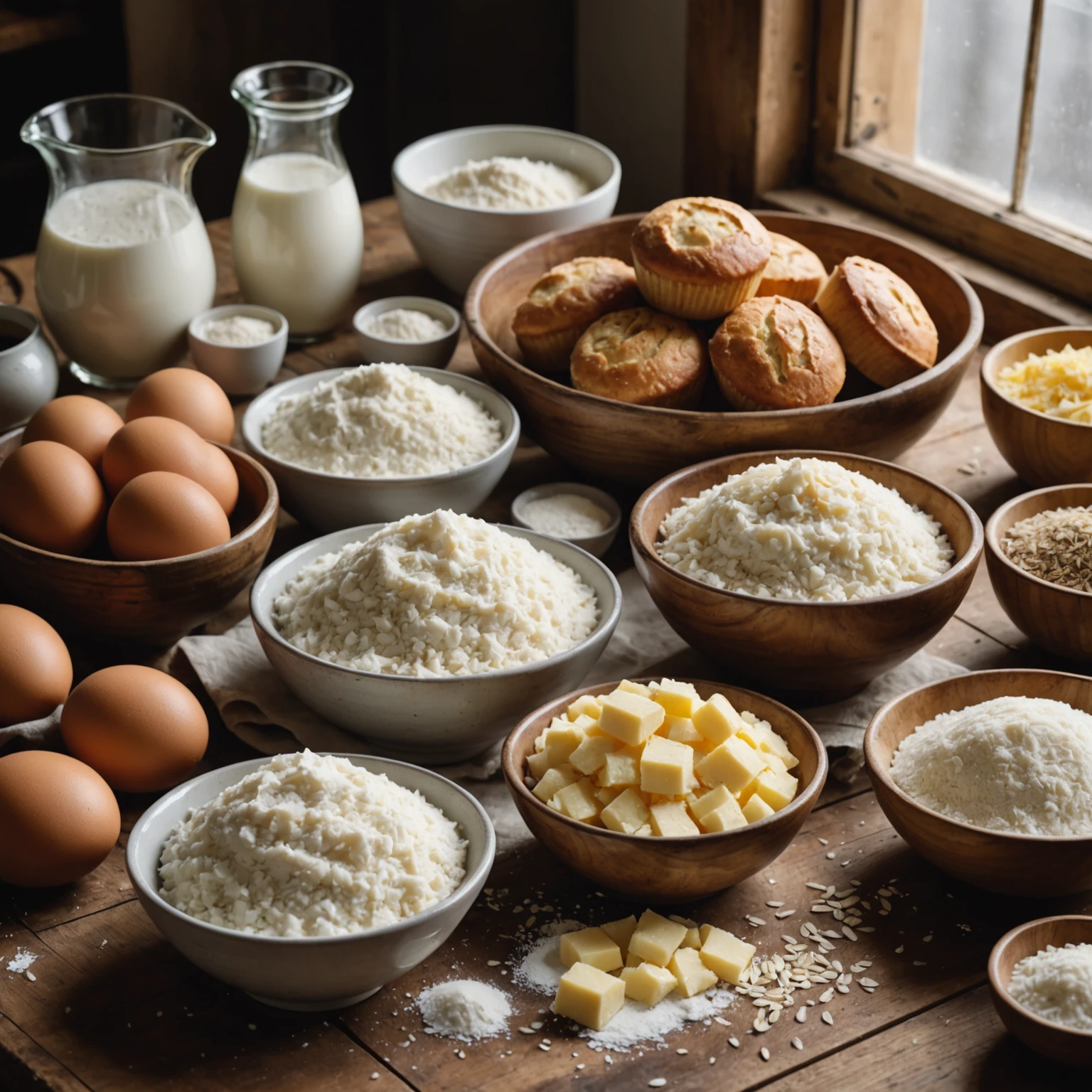 Close-up of assorted gluten-free baking ingredients and fresh baked goods on a rustic kitchen table