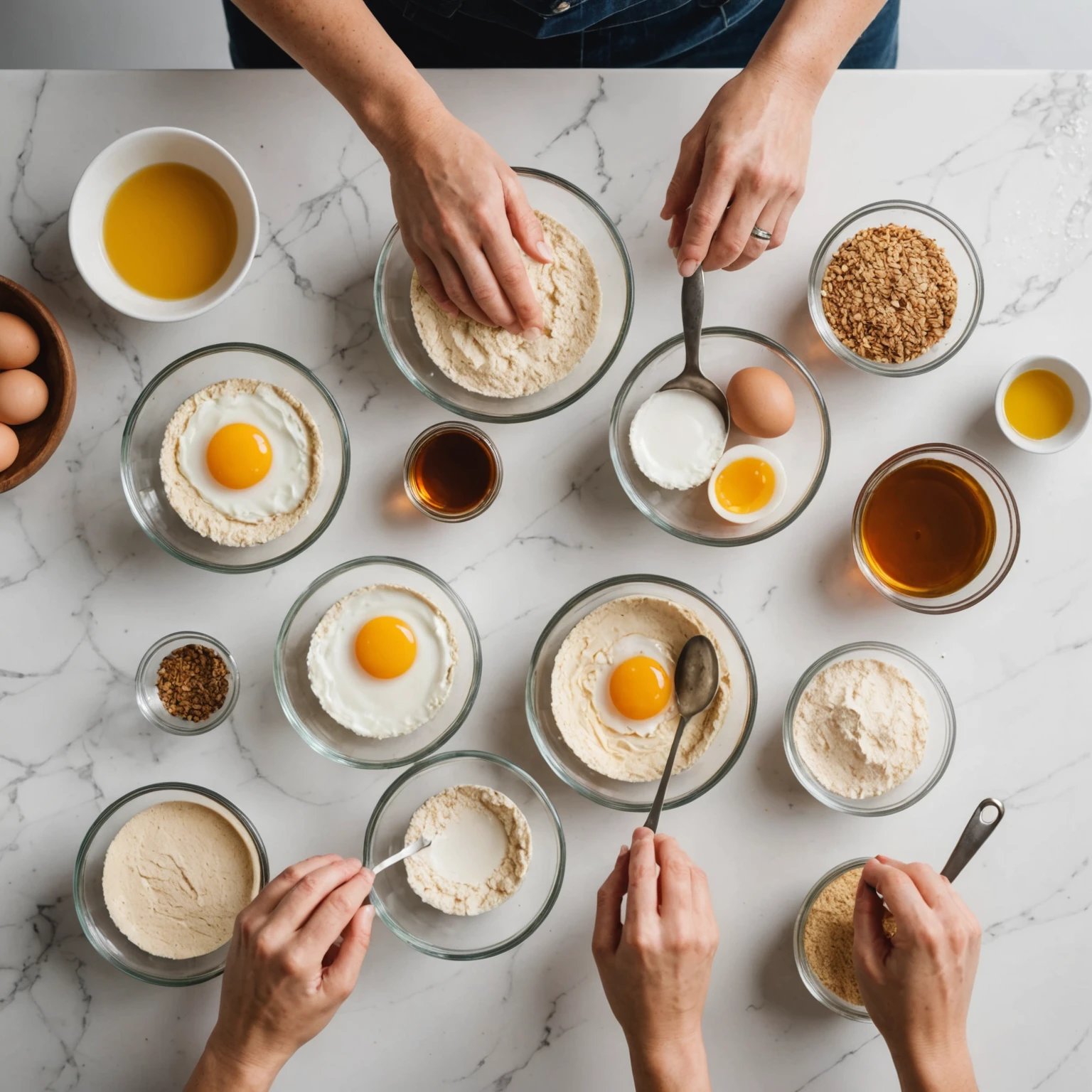 Hands mixing gluten-free flour blends with baking ingredients on a clean white surface