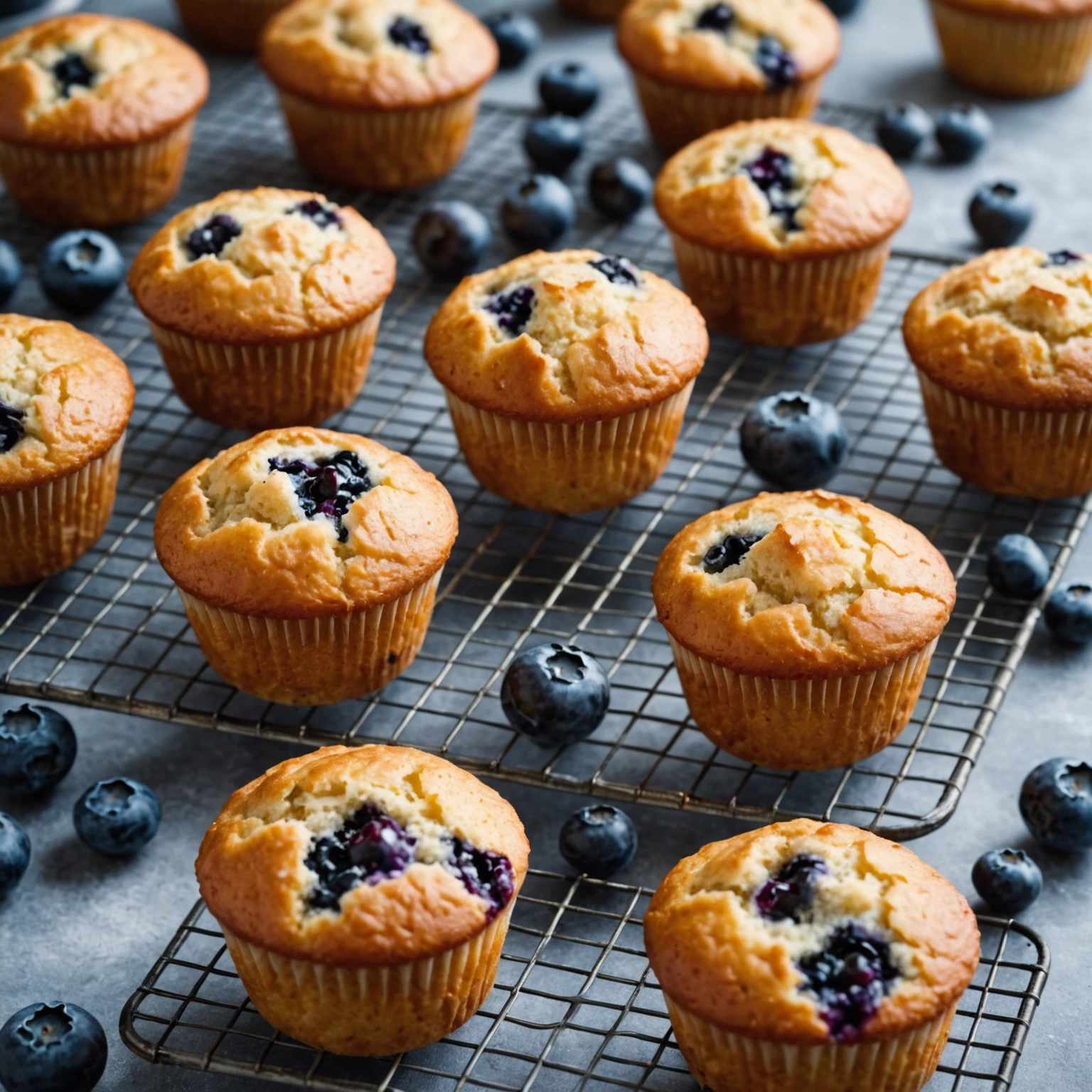 Golden gluten-free blueberry muffins cooling on a wire rack with visible tender crumb texture