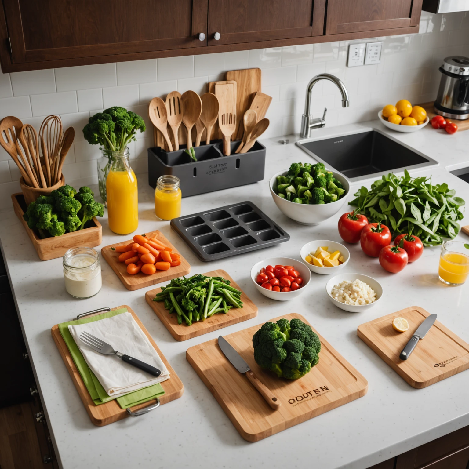 Clean kitchen with color-coded cutting boards and labeled gluten-free utensils to prevent cross-contamination