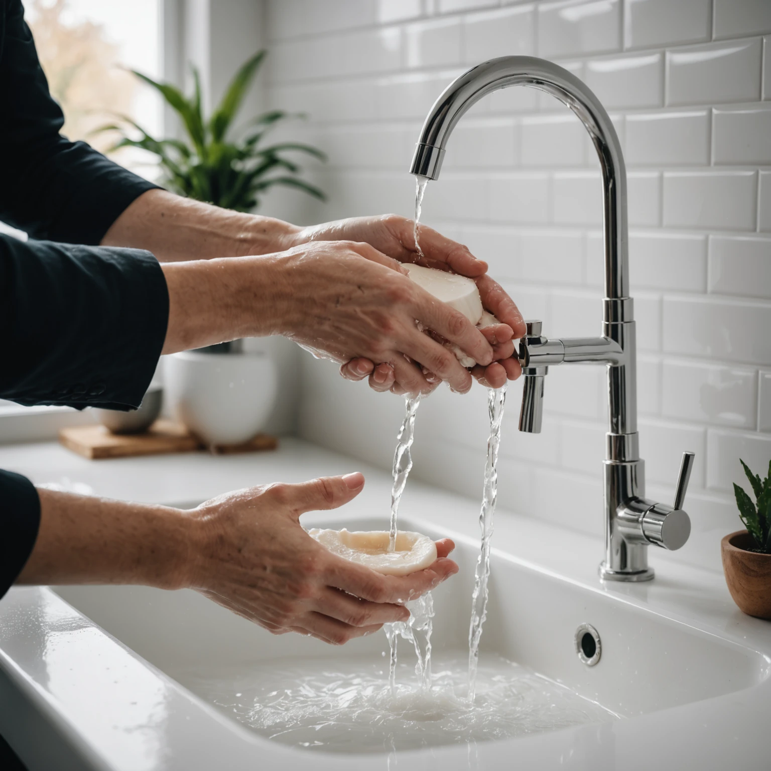 Close-up of hands being washed with soap in a kitchen sink to promote hygiene and cross-contamination prevention