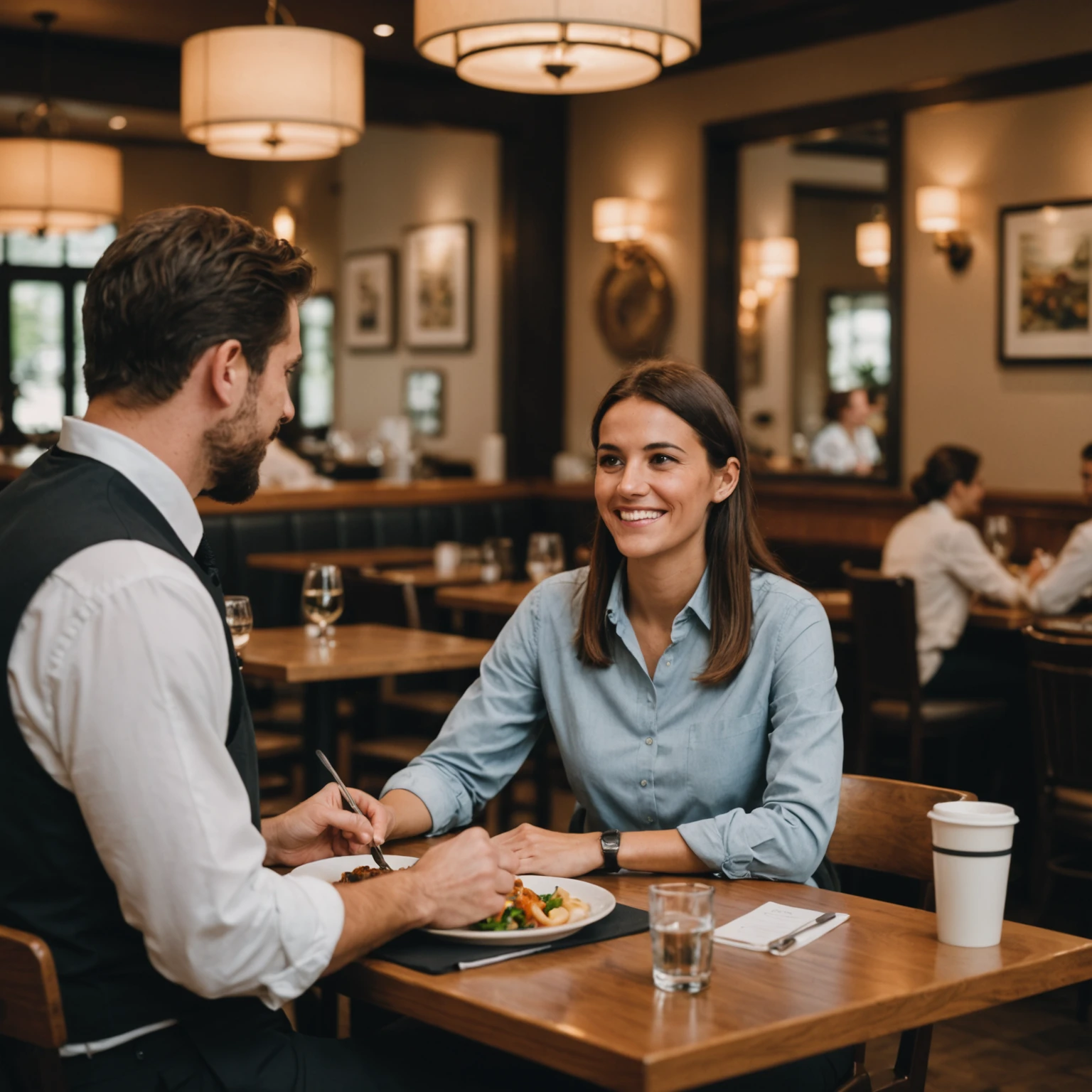 Restaurant server attentively communicating with a customer about dietary needs in an allergy-aware dining environment
