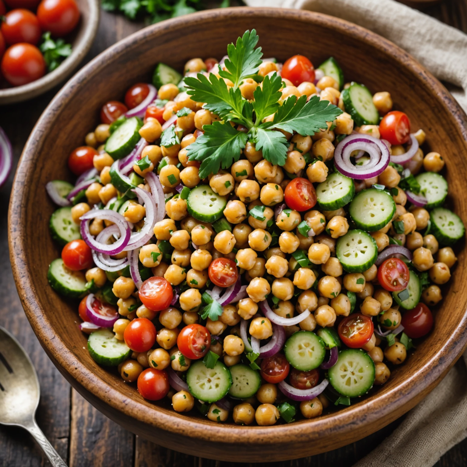 Mediterranean chickpea salad with fresh vegetables and herbs in a ceramic bowl on wooden table