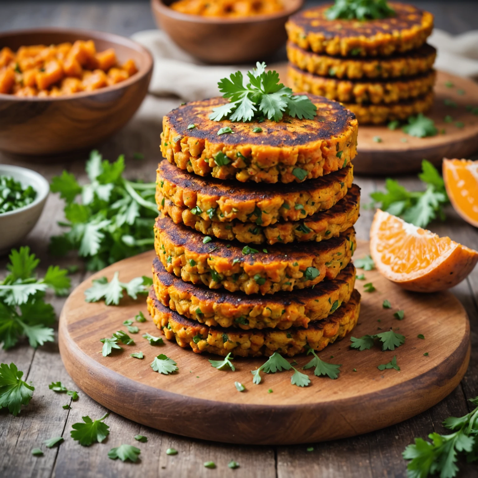 Stack of sweet potato chickpea patties garnished with fresh herbs on wooden plate