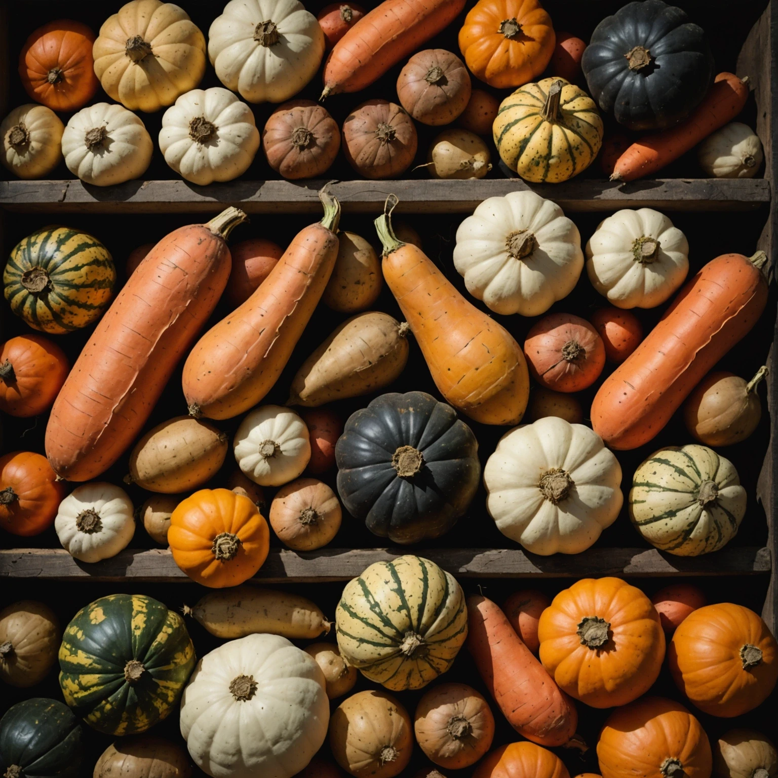 Close-up of root vegetables stored in a cool, dark area showing freshness and texture