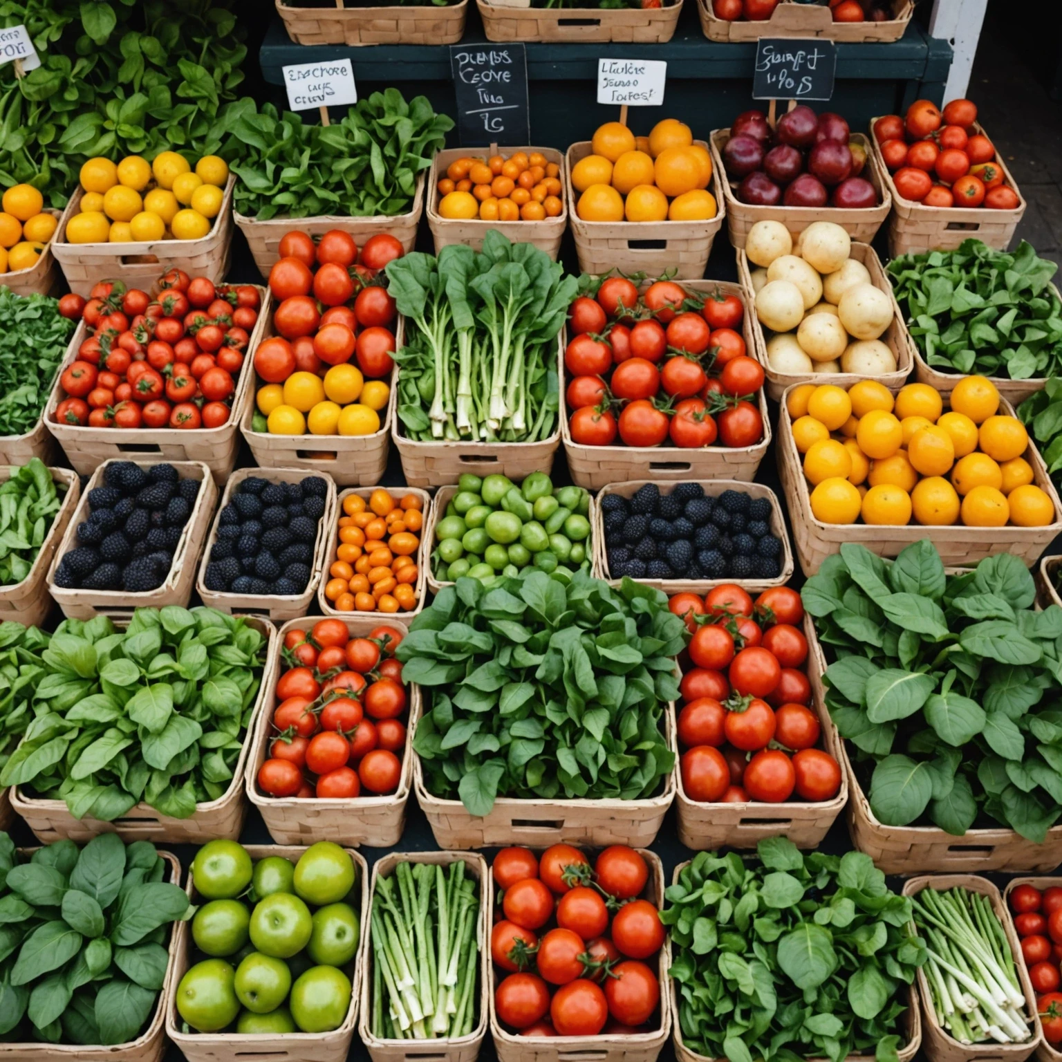 Farmer’s market stall displaying fresh and colorful seasonal superfoods like leafy greens, berries, tomatoes, and stone fruits