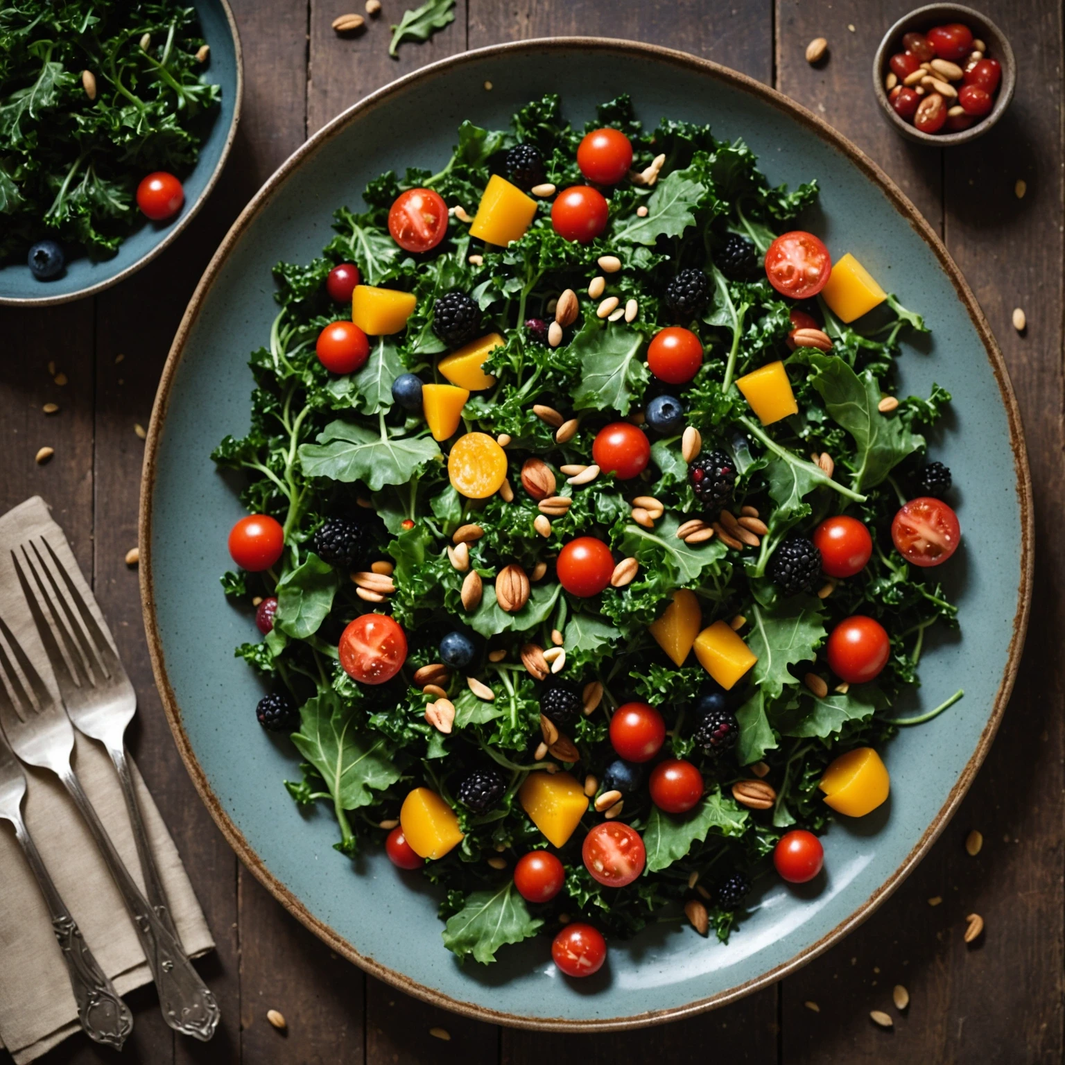Gluten-free seasonal superfood salad with kale, tomatoes, berries, and nuts served on rustic stoneware plates