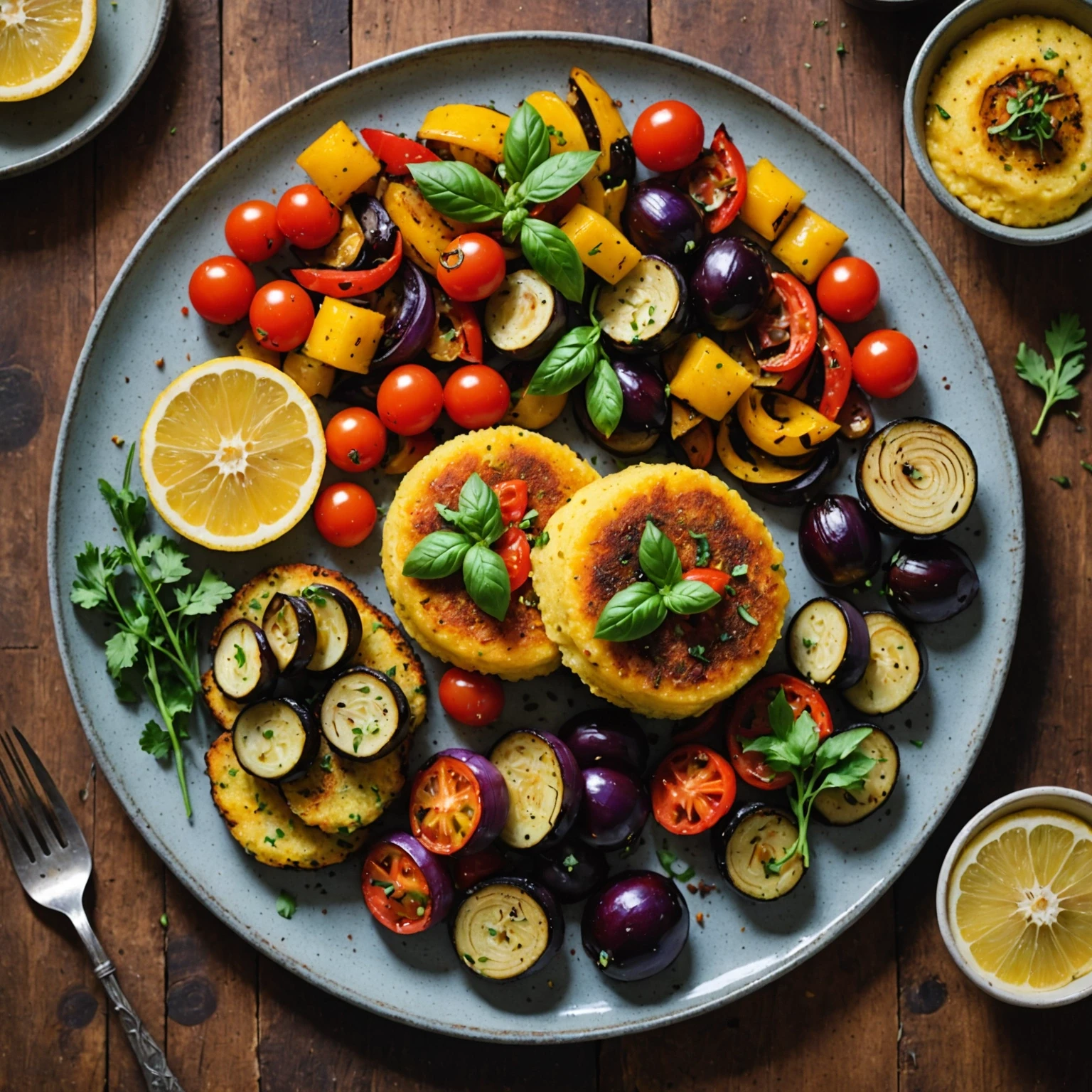 Gluten-Free Lemon Herb Polenta Cakes with Roasted Vegetables