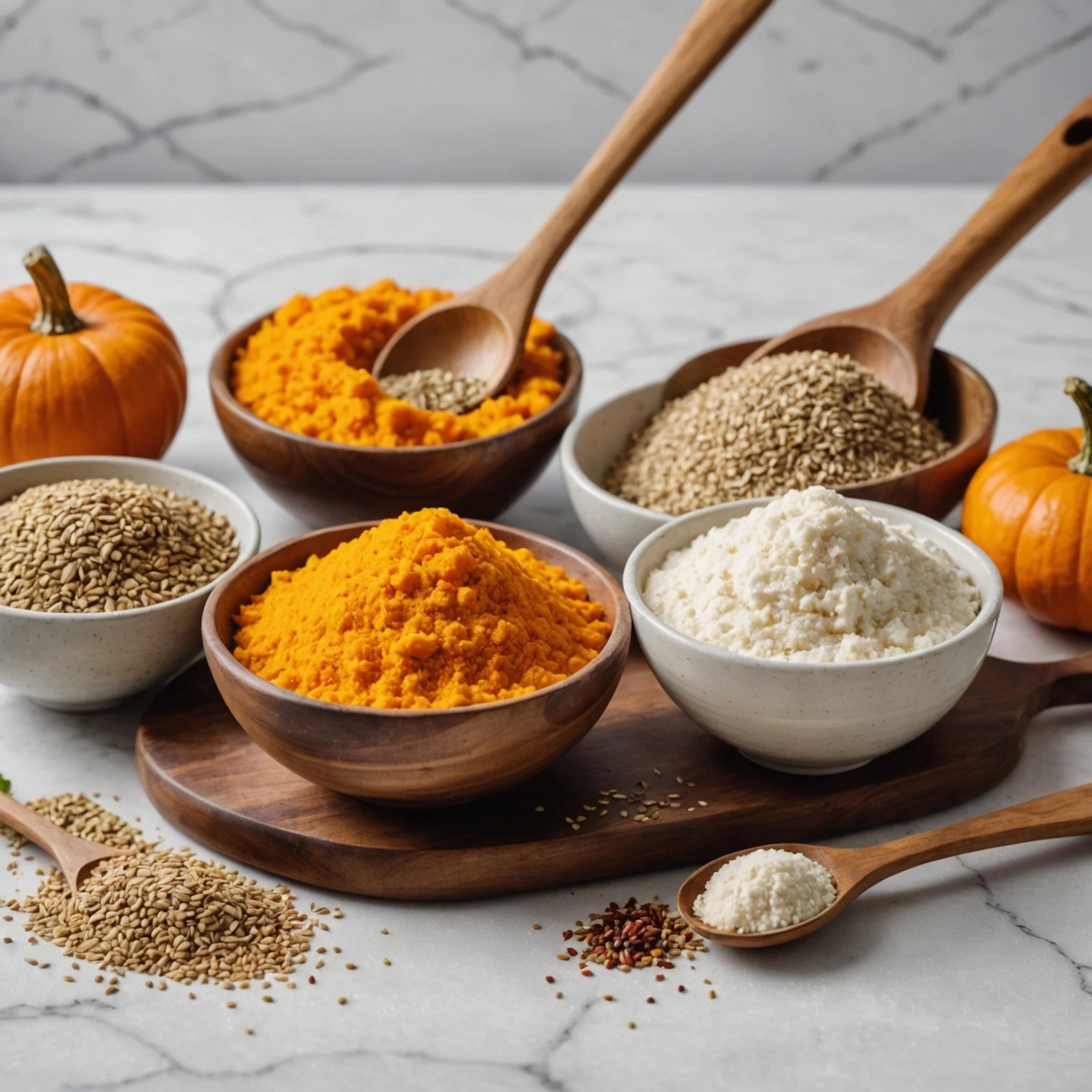 Close-up of tapioca starch, ground flaxseed gel, and pureed vegetables as natural thickeners for gluten-free cooking