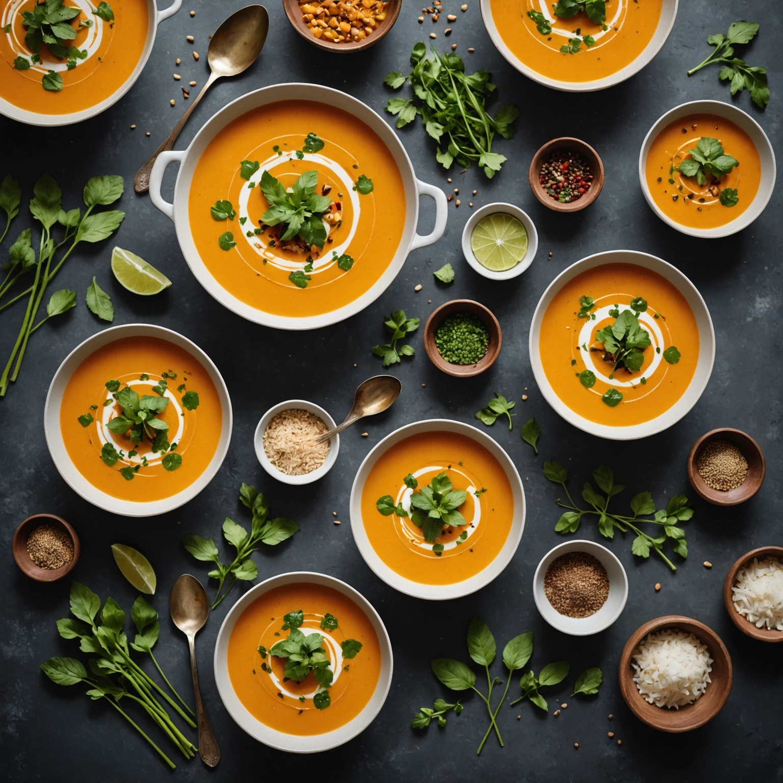 A bowl of gluten-free Thai-inspired coconut curry pumpkin soup garnished with fresh herbs and spices for allergy-conscious cooking