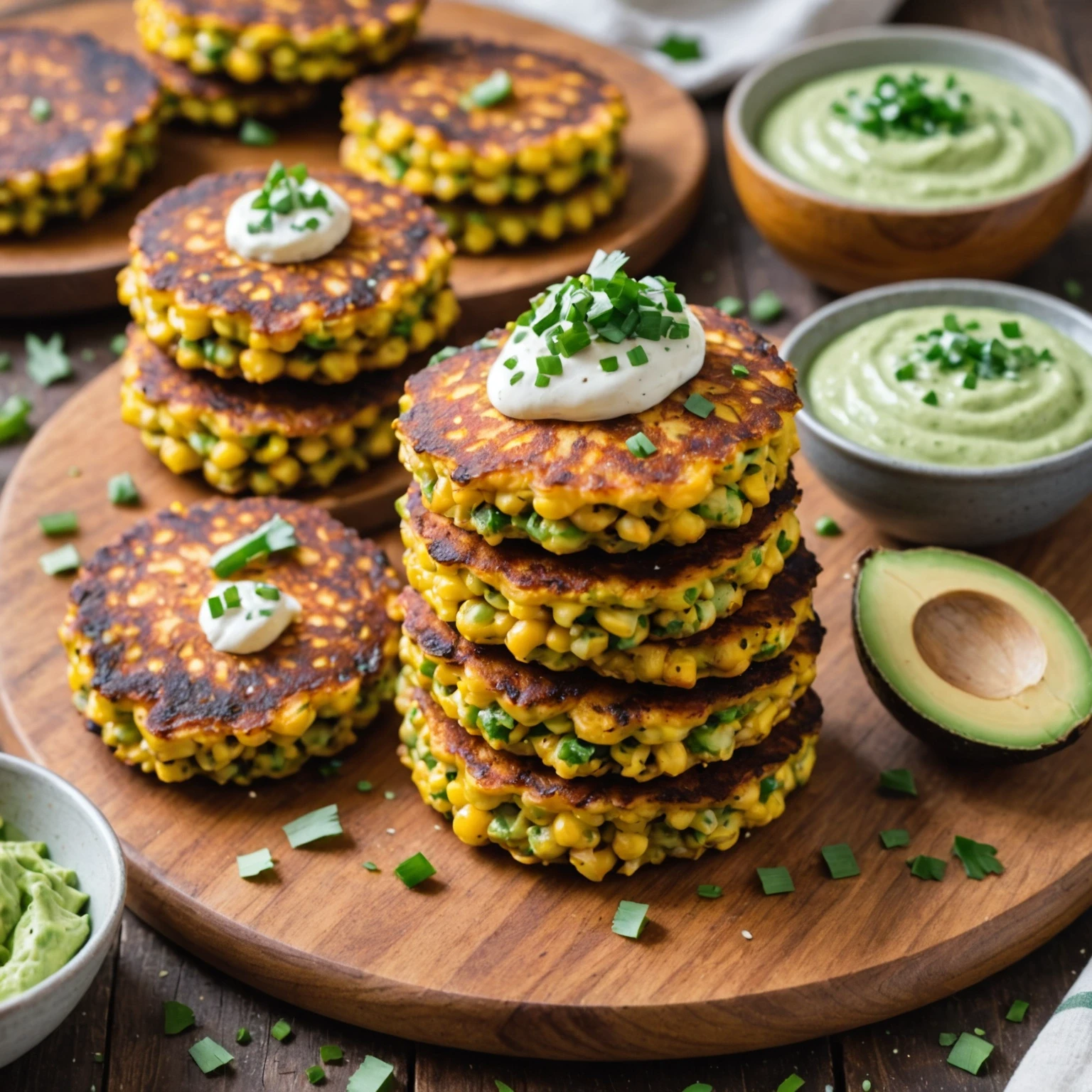 Gluten-Free Sweet Corn and Chive Fritters with Avocado Crema