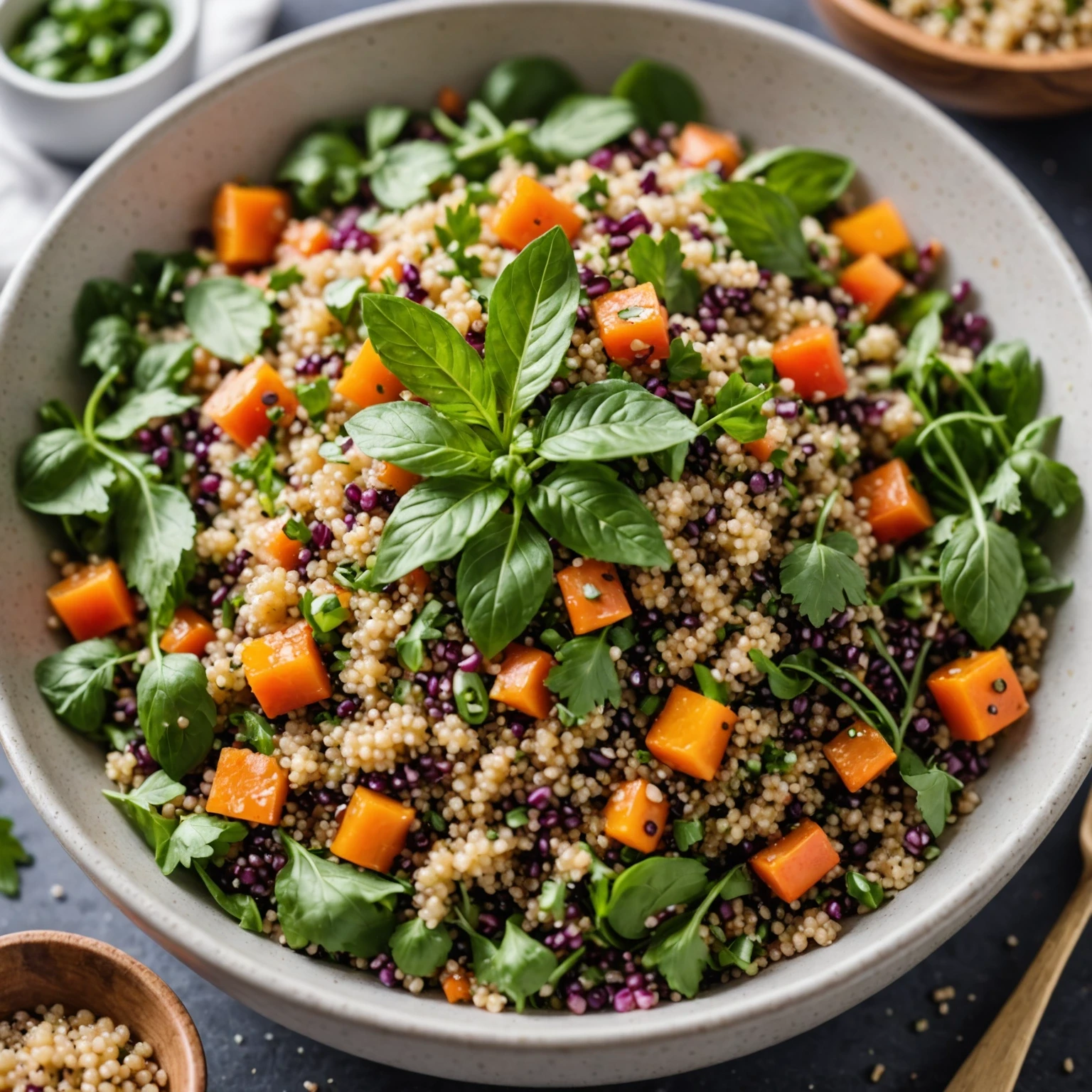 Close-up of a colorful gluten-free salad bowl with cooked quinoa, amaranth, fresh vegetables, and herbs