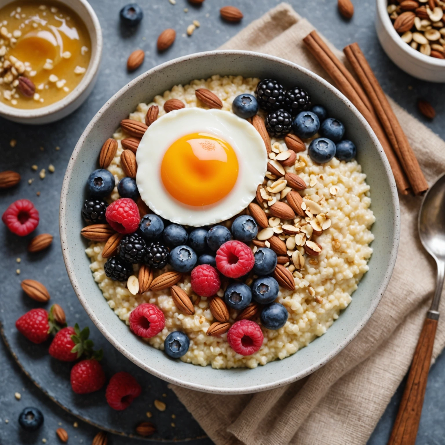 Wholesome millet porridge breakfast bowl topped with fresh berries and nuts in natural morning light