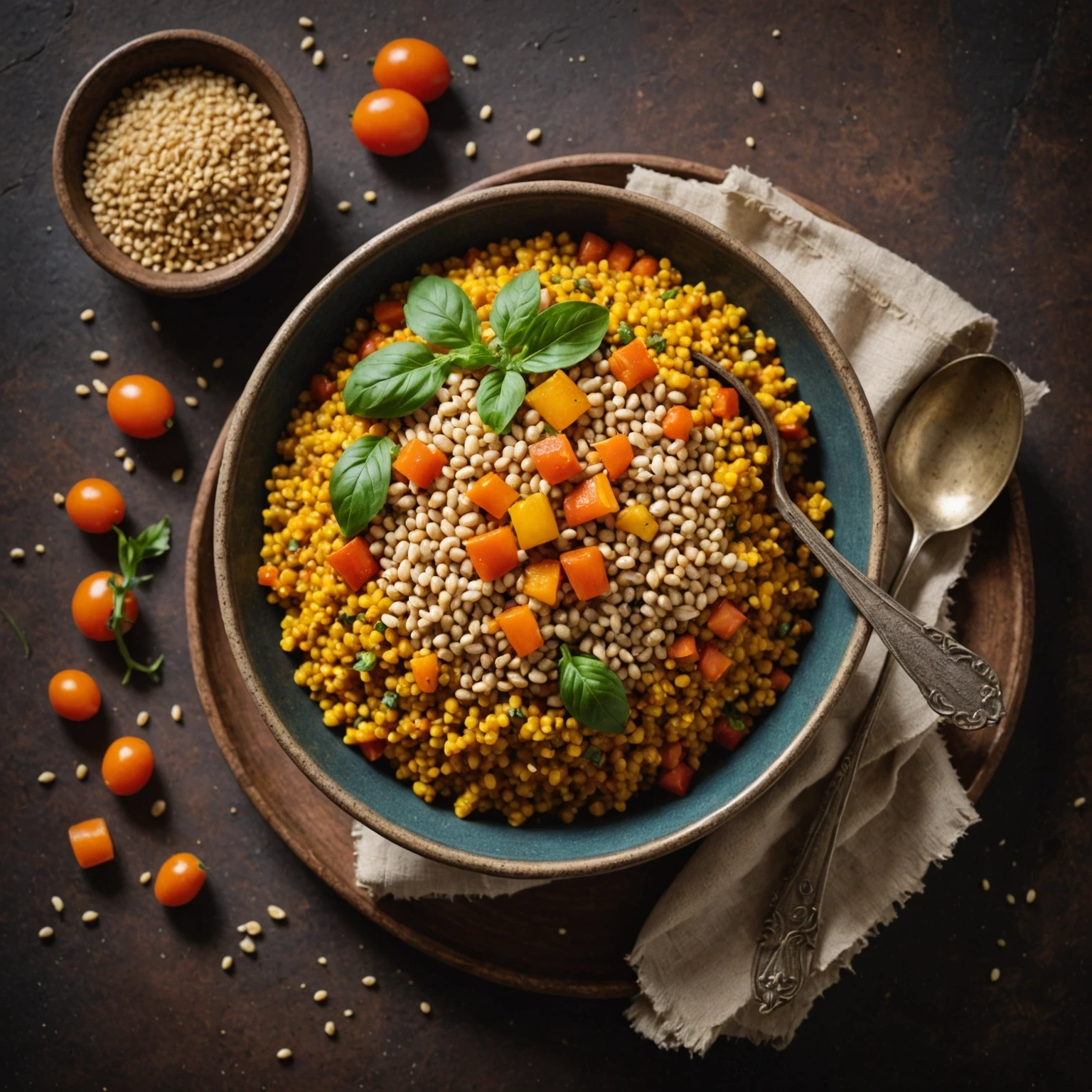 Roasted millet grains sprinkled as crunchy topping on gluten-free vegetable stew in ceramic bowl