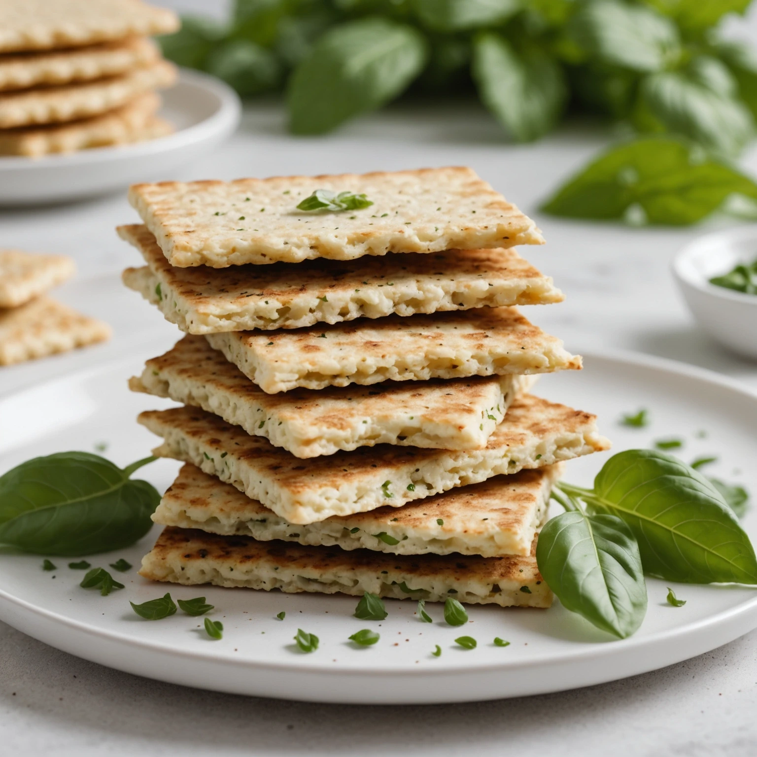 Close-up of crispy gluten-free cauliflower and herb crackers on a white plate with fresh basil leaves, natural kitchen background.