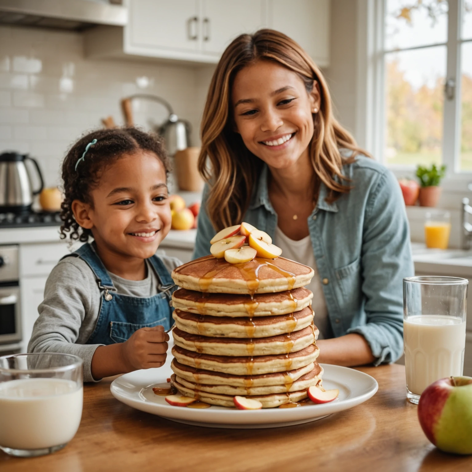 Family enjoying gluten-free cinnamon apple pancakes with almond milk in a cozy kitchen setting, softly blurred background.