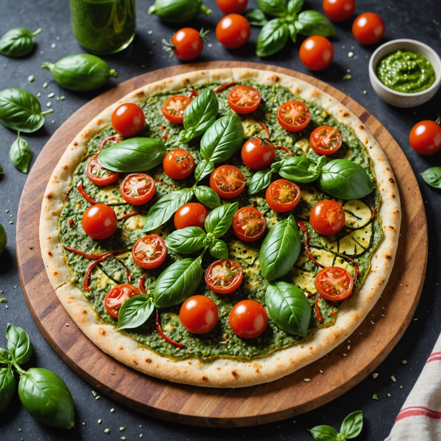 Fresh gluten-free zucchini and basil pesto flatbread garnished with cherry tomatoes and basil on a wooden board in natural light.