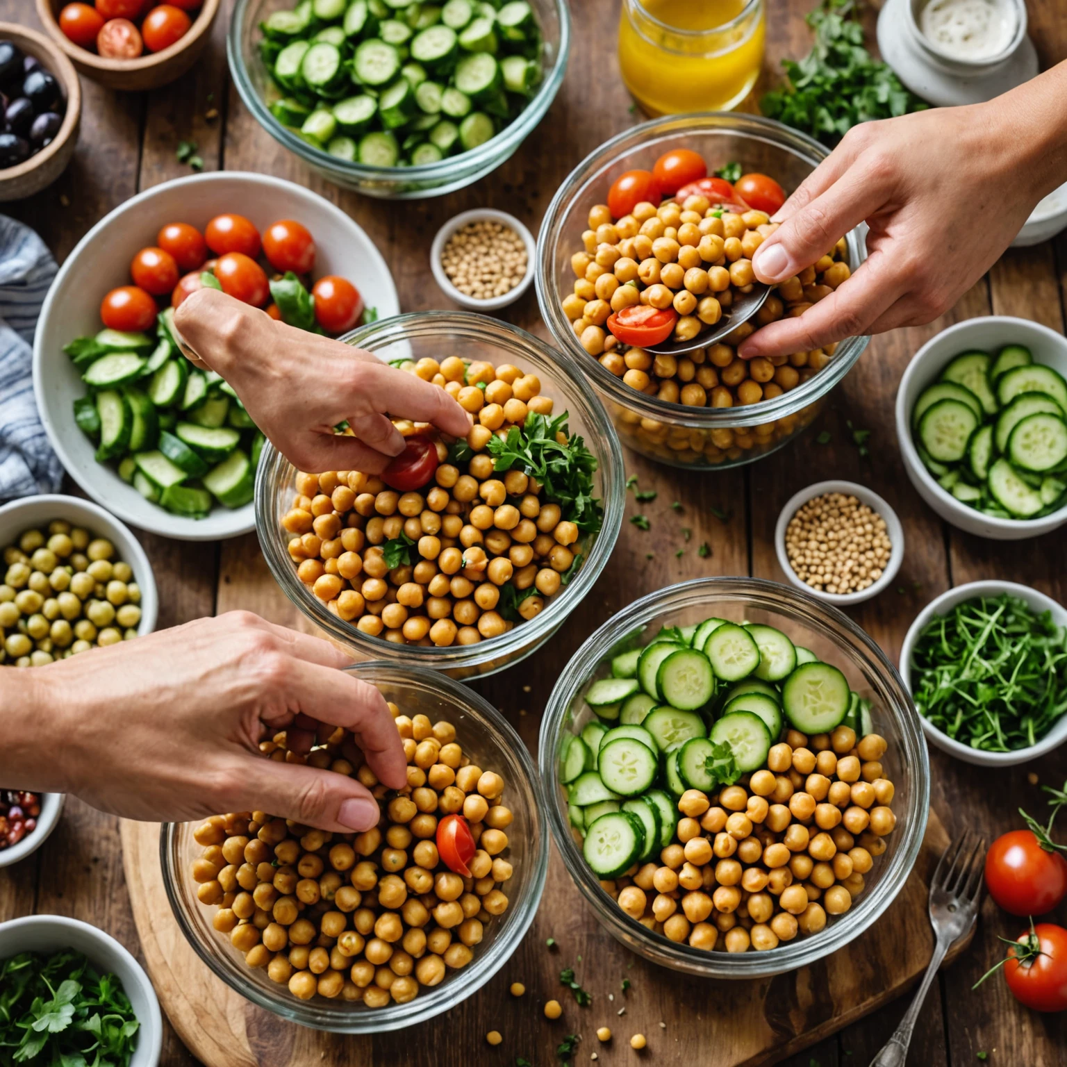 Close-up of hands dividing colorful gluten-free Mediterranean chickpea salad into airtight meal prep containers