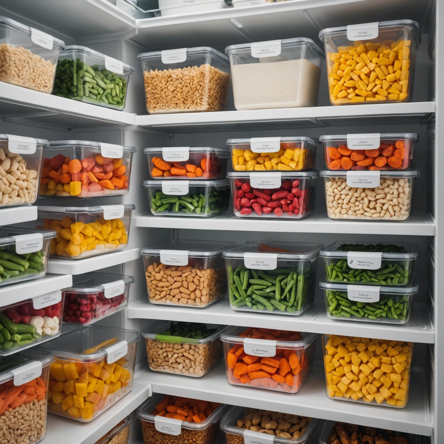 Neatly organized fridge and freezer with labeled airtight containers storing gluten-free prepped meals
