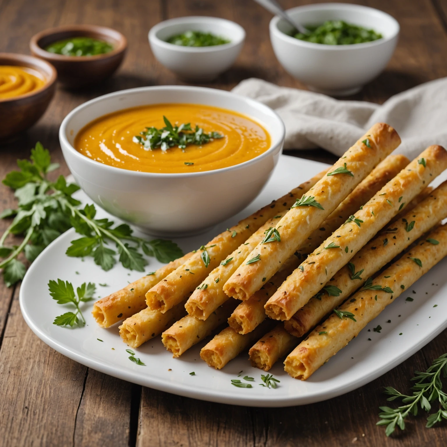 Close-up of gluten-free savory pumpkin and herb breadsticks on a white plate with dipping sauce