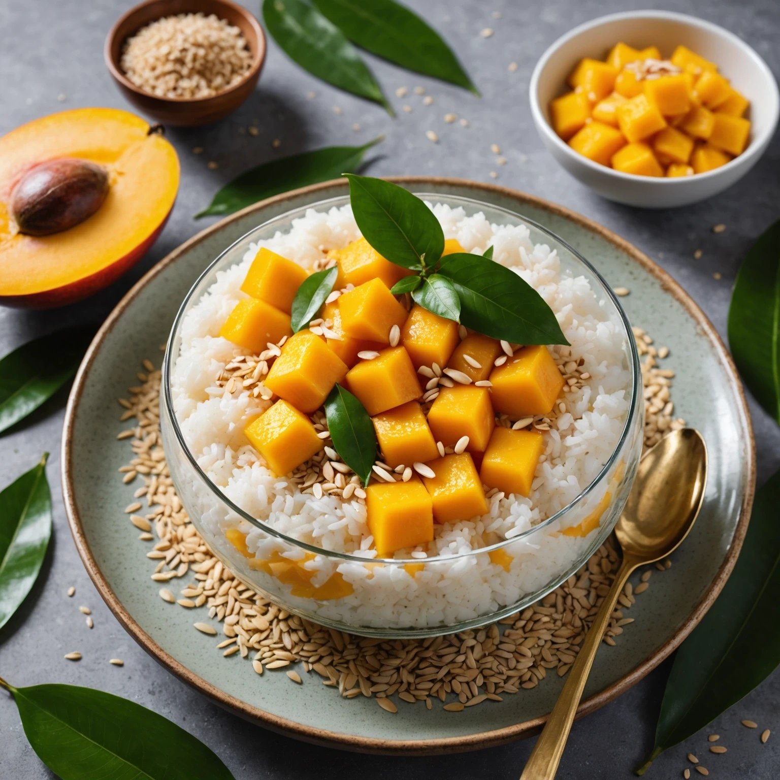 Gluten-free Thai mango sticky rice dessert served in a glass bowl with sliced mango and toasted sesame seeds