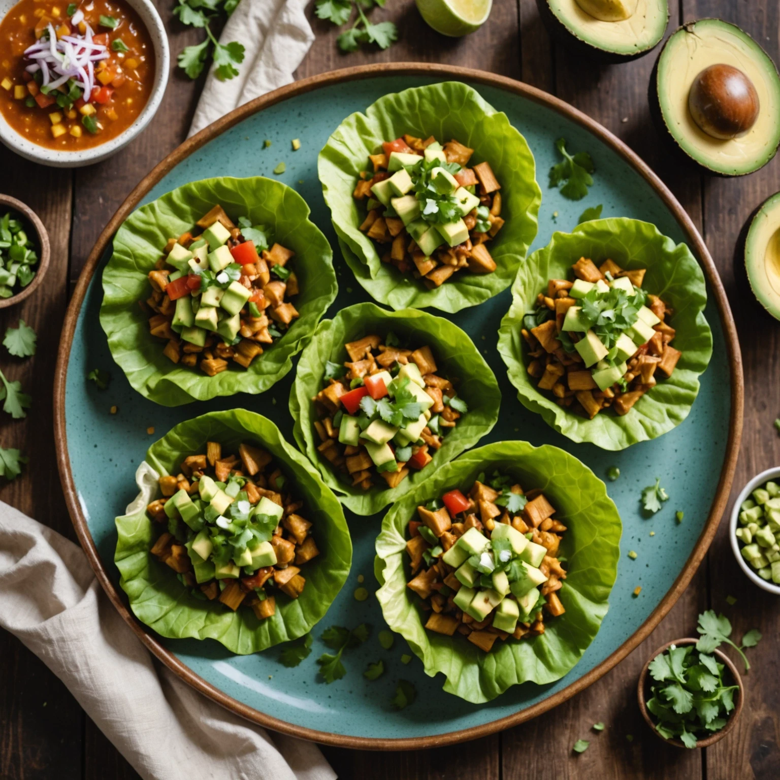 Gluten-free pulled jackfruit lettuce wraps with avocado salsa on a ceramic plate with fresh vibrant ingredients