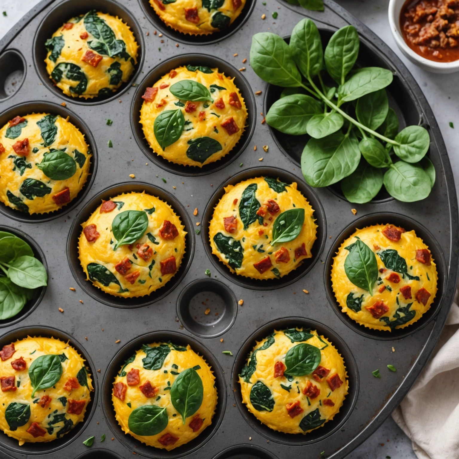 Gluten-Free Low-Carb Breakfast Omelette Muffins with Spinach and Chorizo