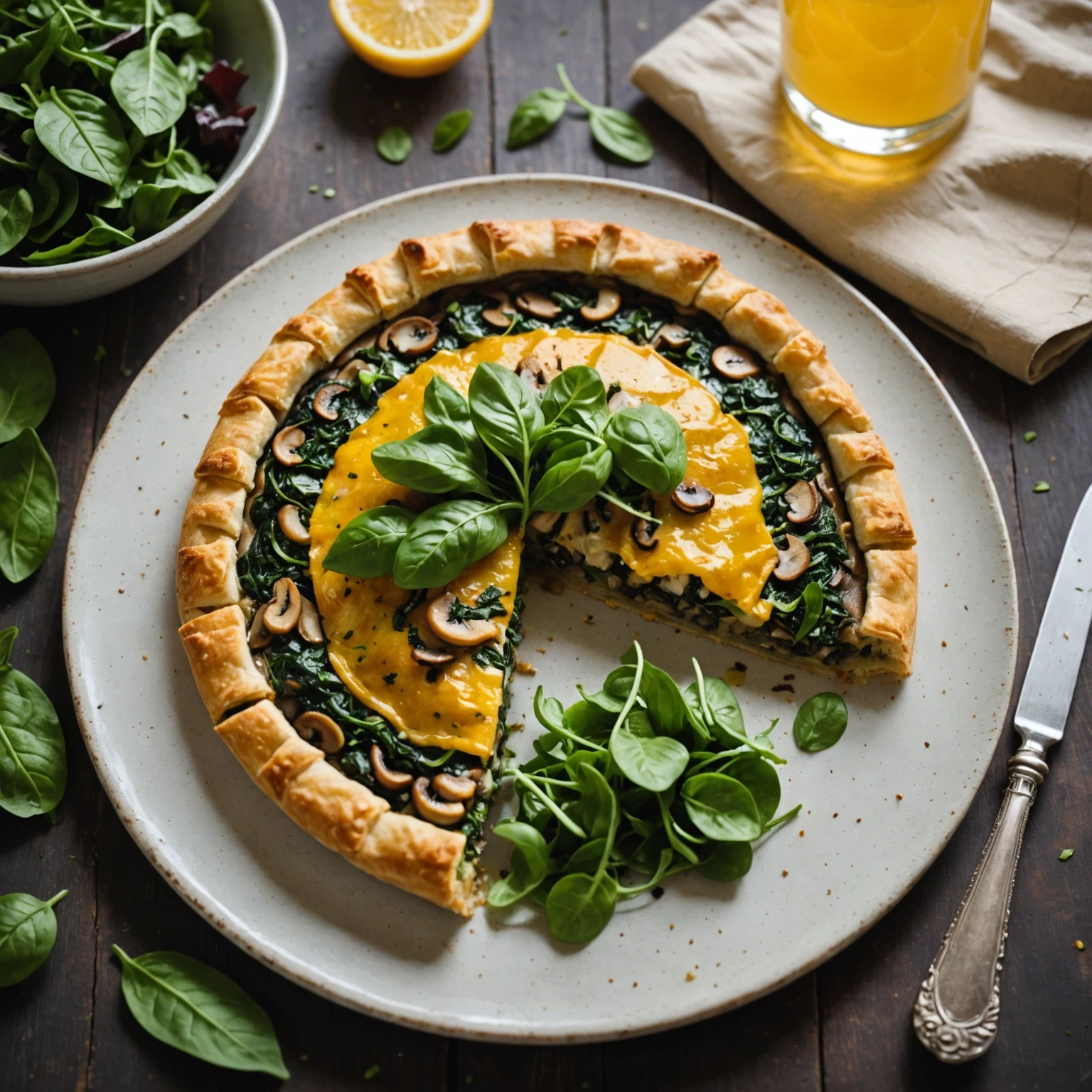 Rustic gluten-free mushroom and spinach galette served with fresh green salad