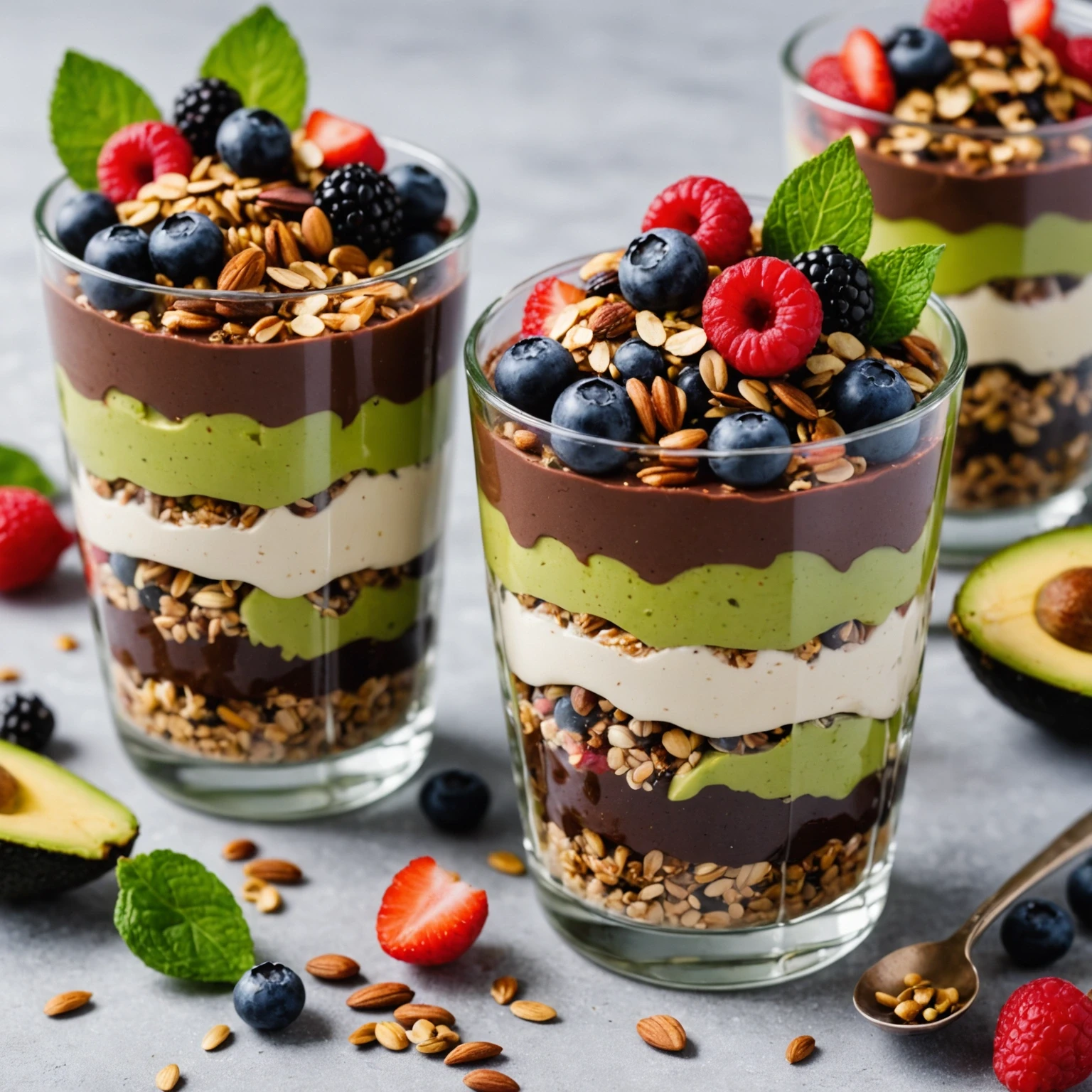 Layered chocolate avocado pudding parfaits topped with fresh berries and toasted seeds