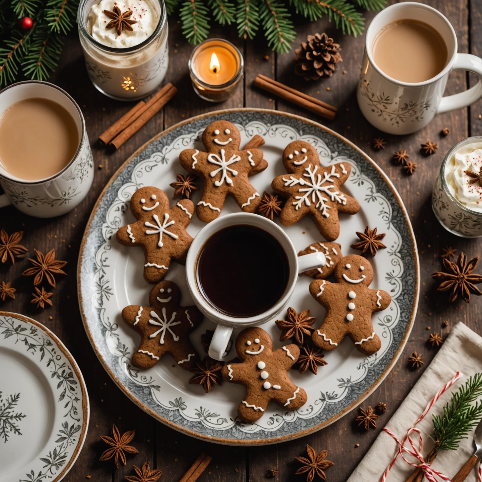Gluten-free molasses gingerbread cookies decorated with dairy-free frosting alongside hot cider