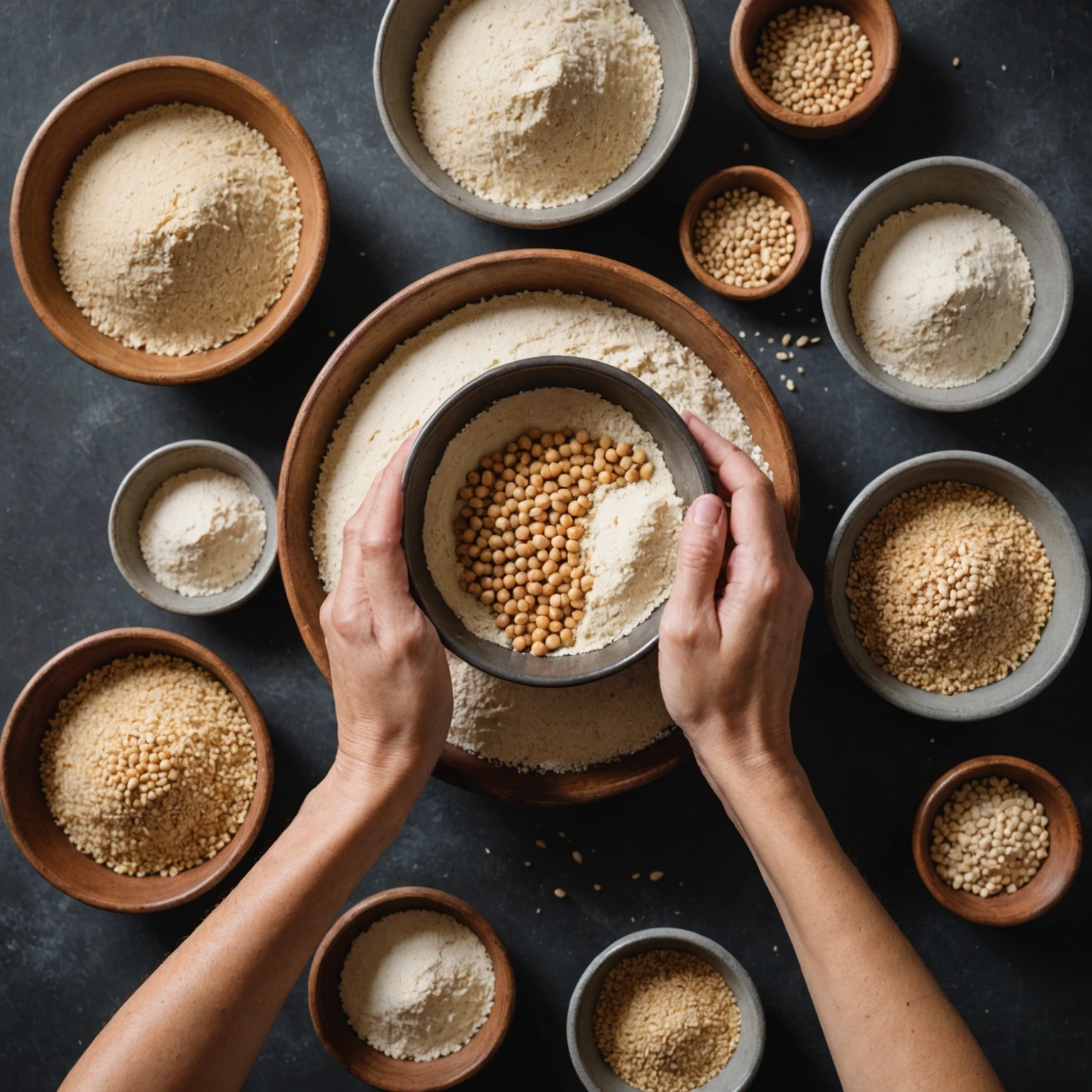 Close-up of hands measuring assorted gluten-free flours with multiple small containers nearby