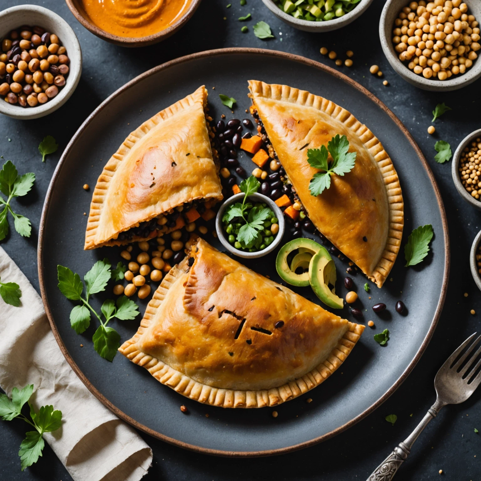 Gluten-free savory sweet potato and black bean empanada plated with fresh herbs and colorful spices