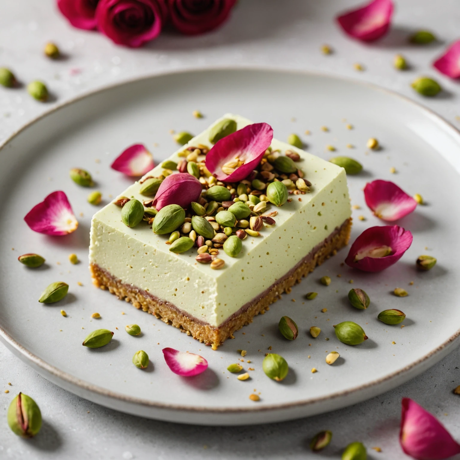 Gluten-free pistachio rosewater cheesecake bar with rose petals on minimalist white plate