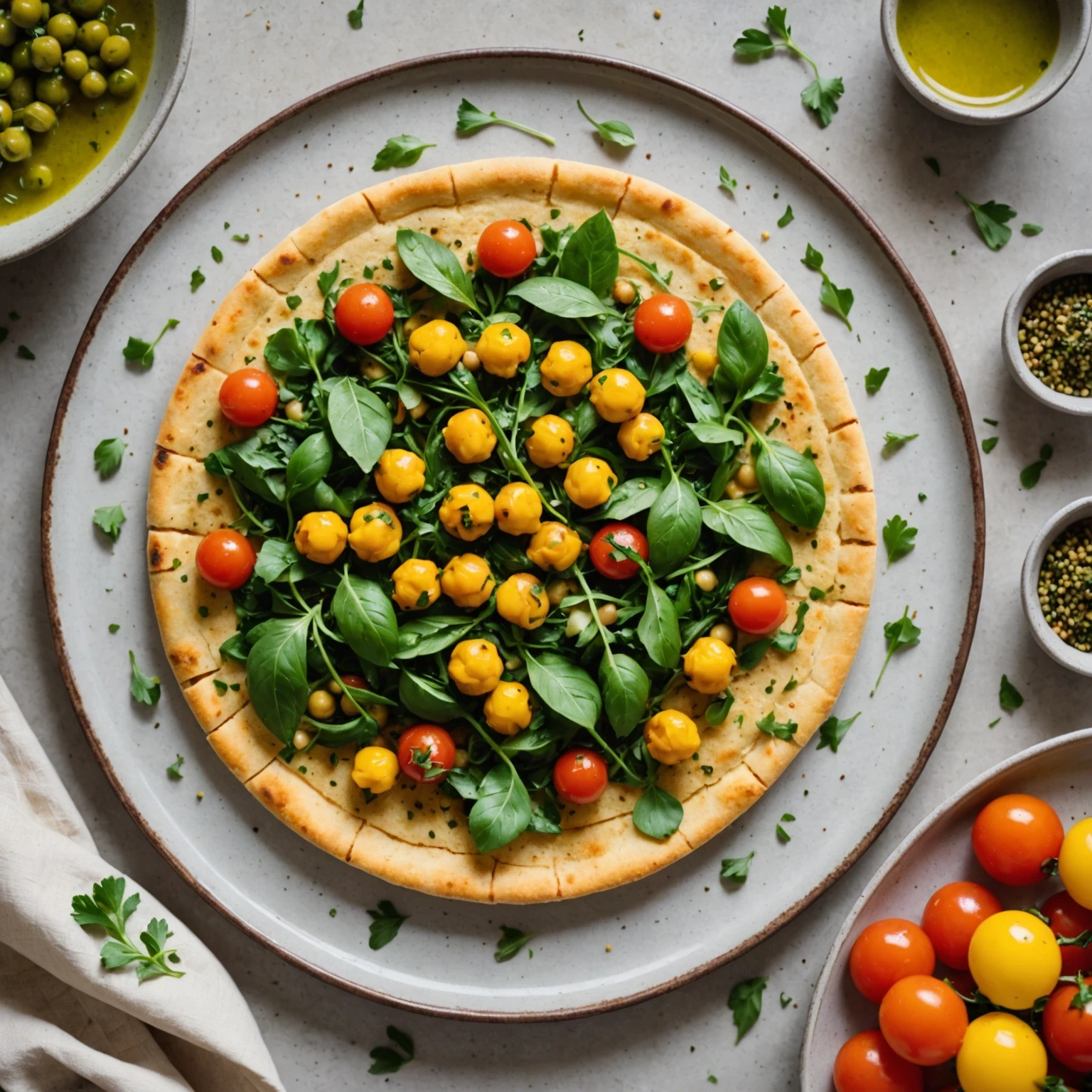 Savory gluten-free chickpea flour socca flatbread garnished with fresh herbs and olive oil on a ceramic plate