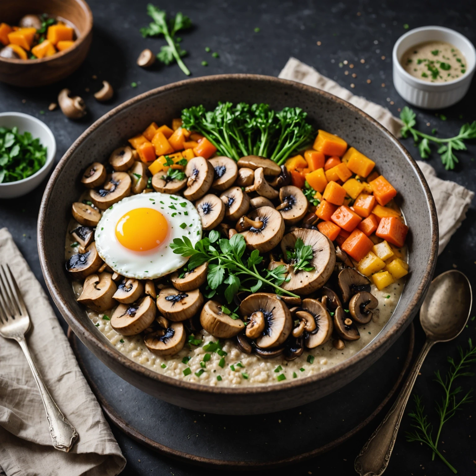 Cozy paleo savory breakfast porridge bowl with mushrooms, fresh herbs, and vegetables in a warm rustic setting