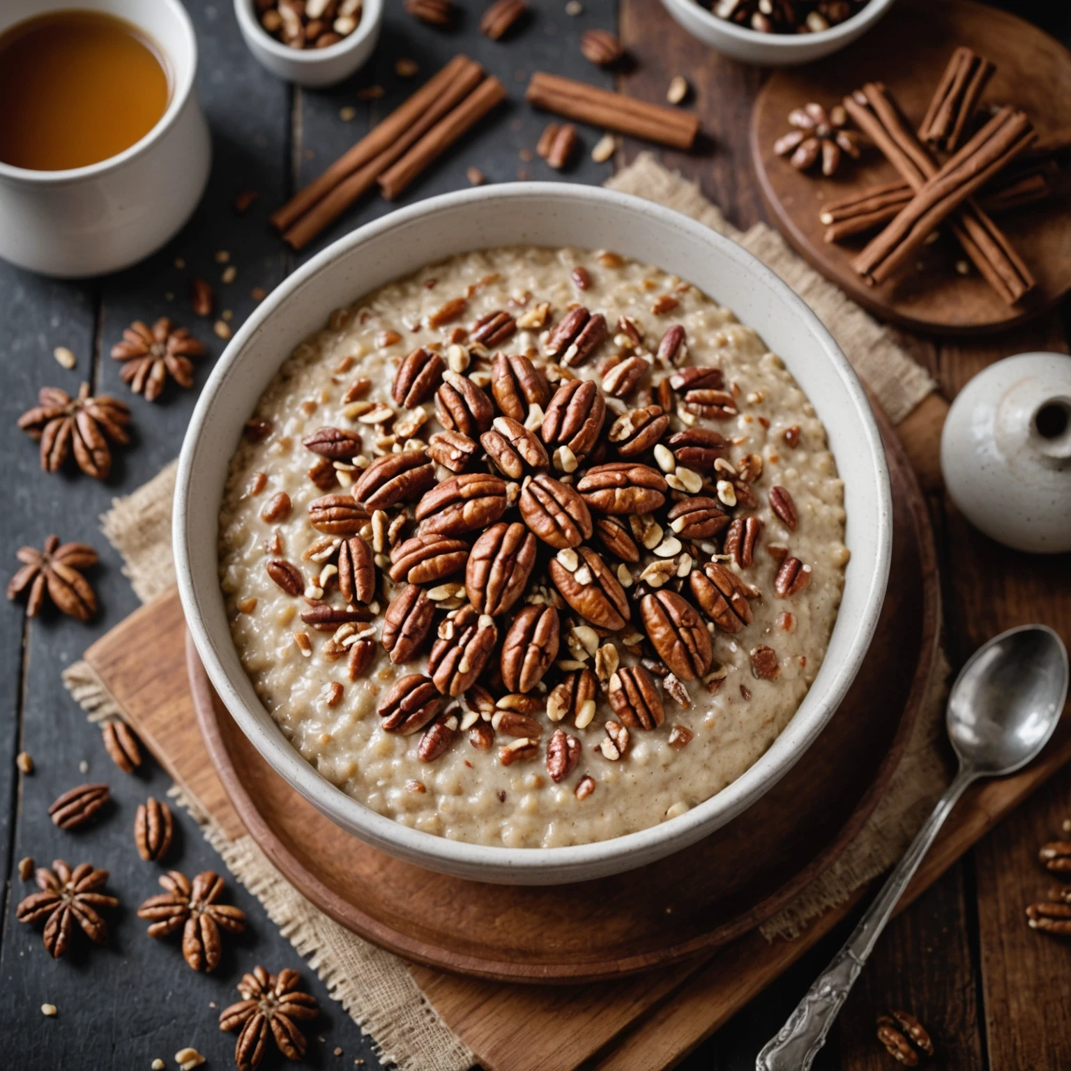 Gluten-free maple pecan breakfast porridge topped with toasted pecans and cinnamon, styled with autumnal accents