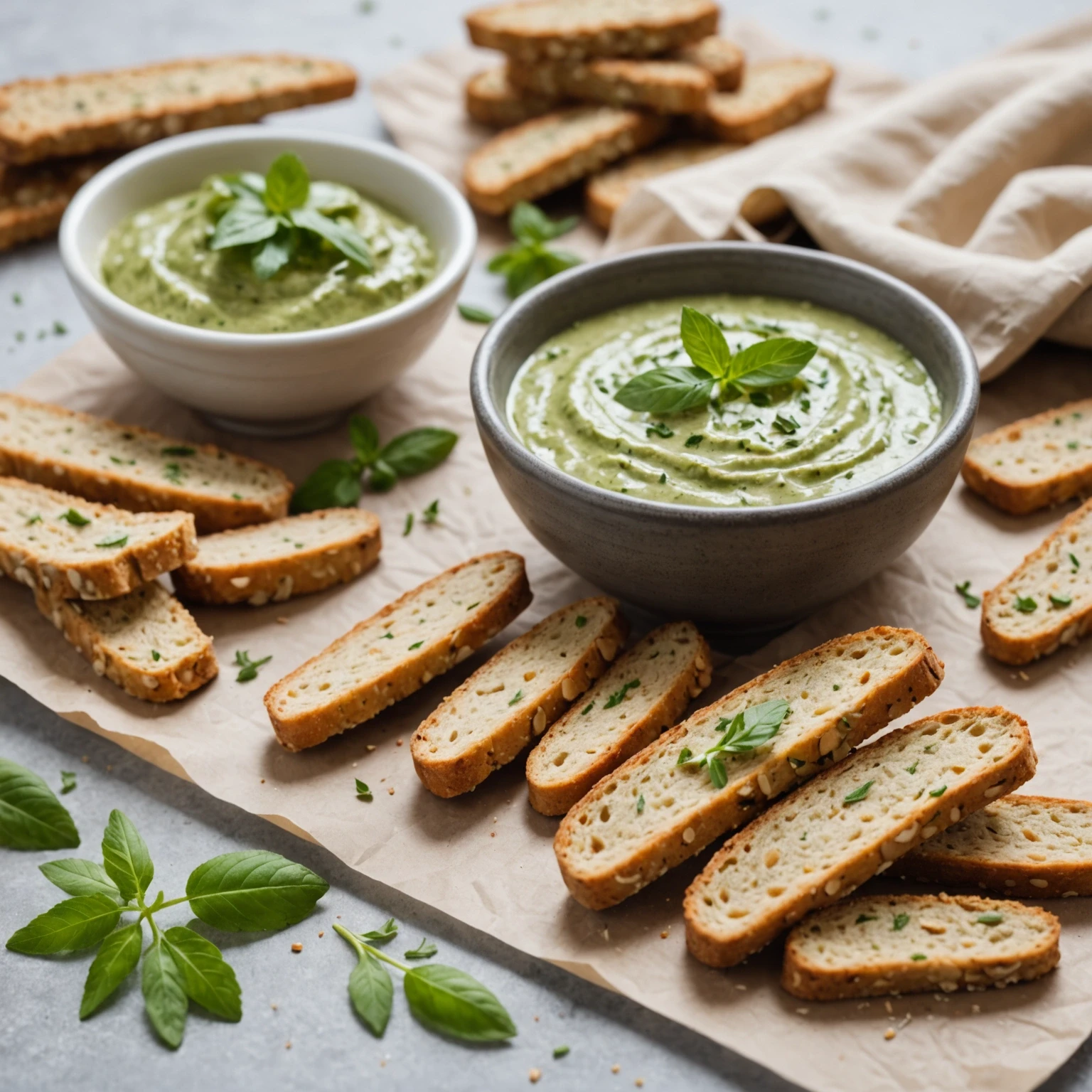 Close-up of gluten-free almond and herb biscotti with herb dip on parchment paper