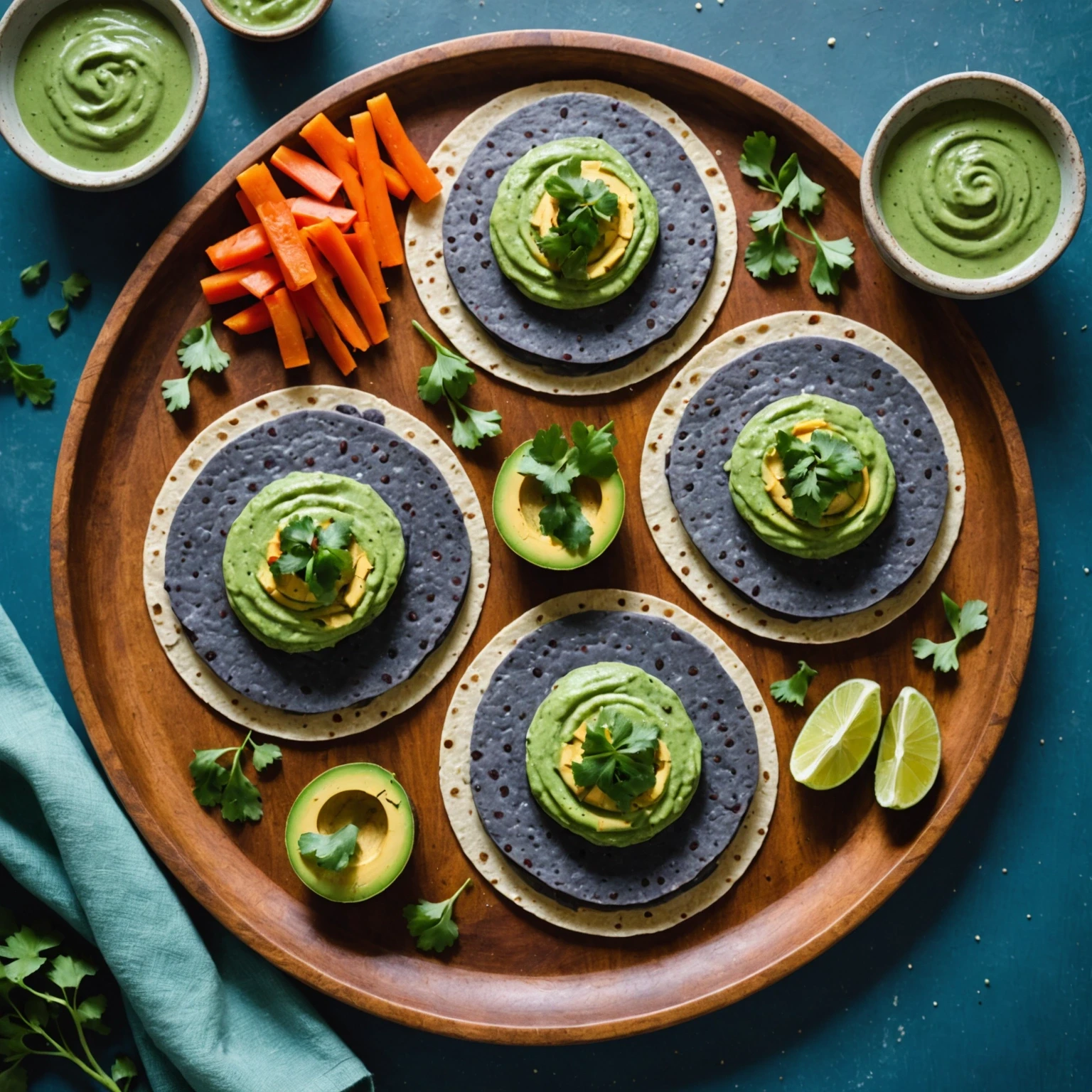 Homemade gluten-free blue corn tortillas filled with avocado cilantro sauce and veggies on a bright cutting board