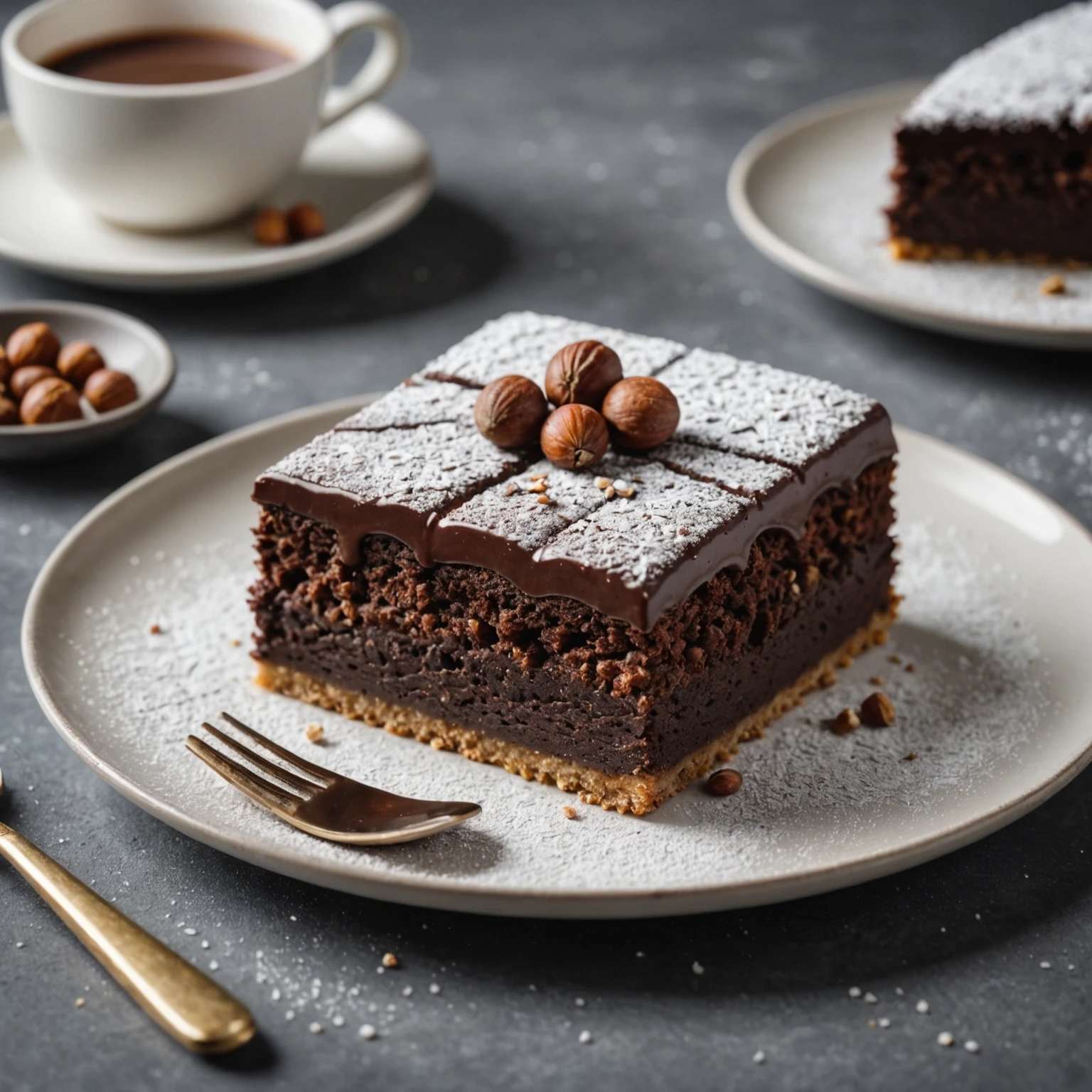 Slice of gluten-free chocolate hazelnut torte with chocolate glaze on a white plate