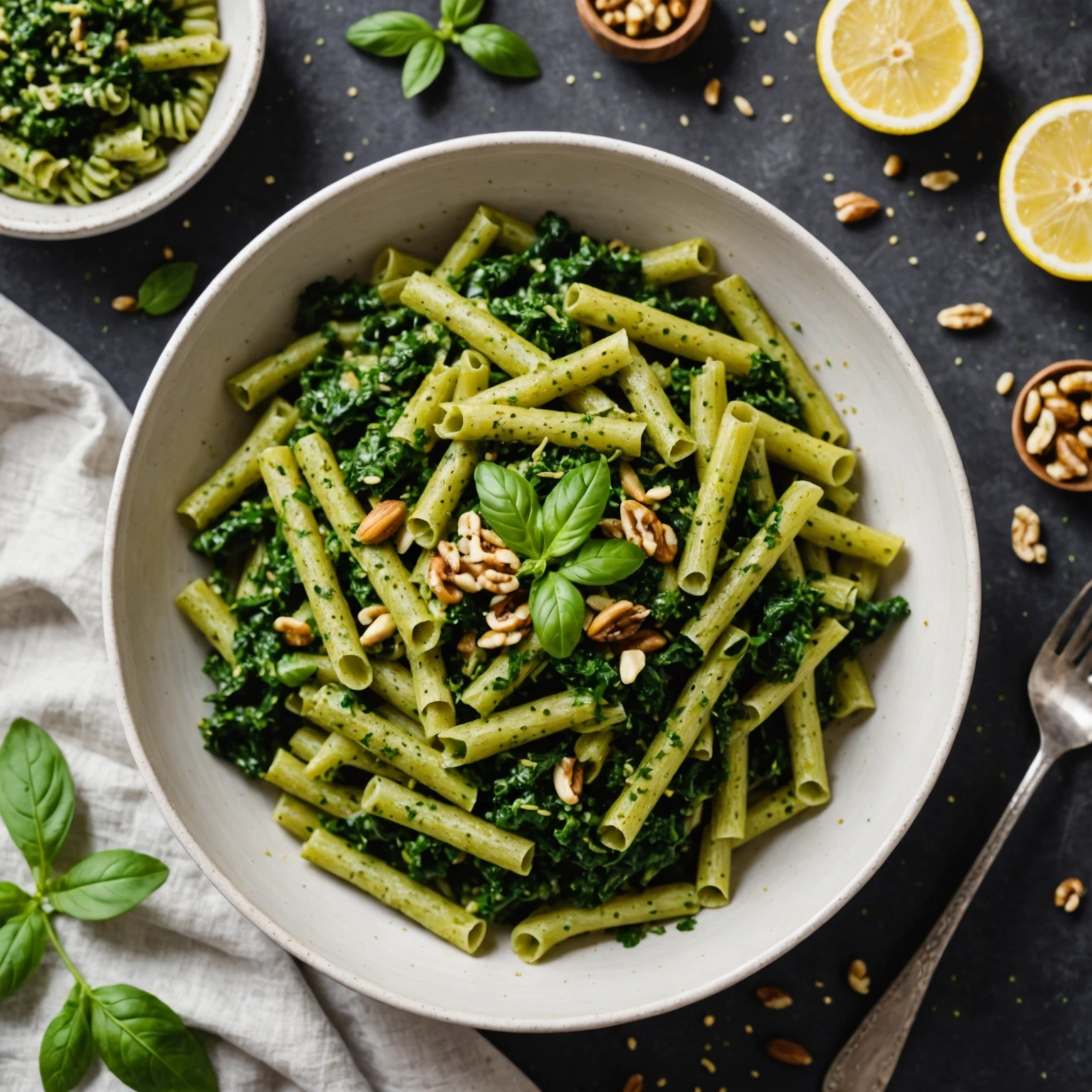 Gluten-Free Easy Vegan Walnut and Kale Pesto Pasta