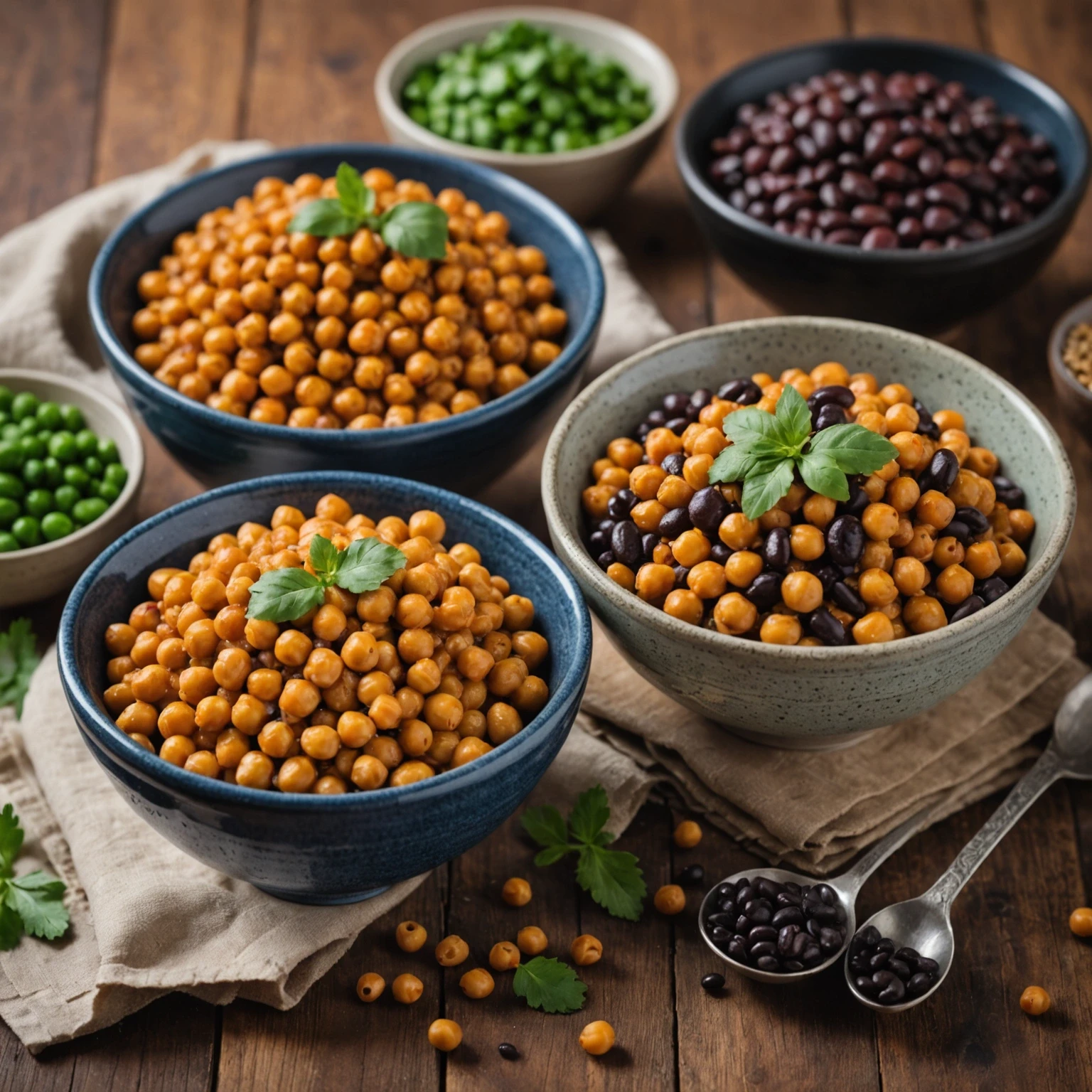 Close-up of bowls containing cooked chickpeas, black beans, and lentils, highlighting protein-rich gluten-free foods.
