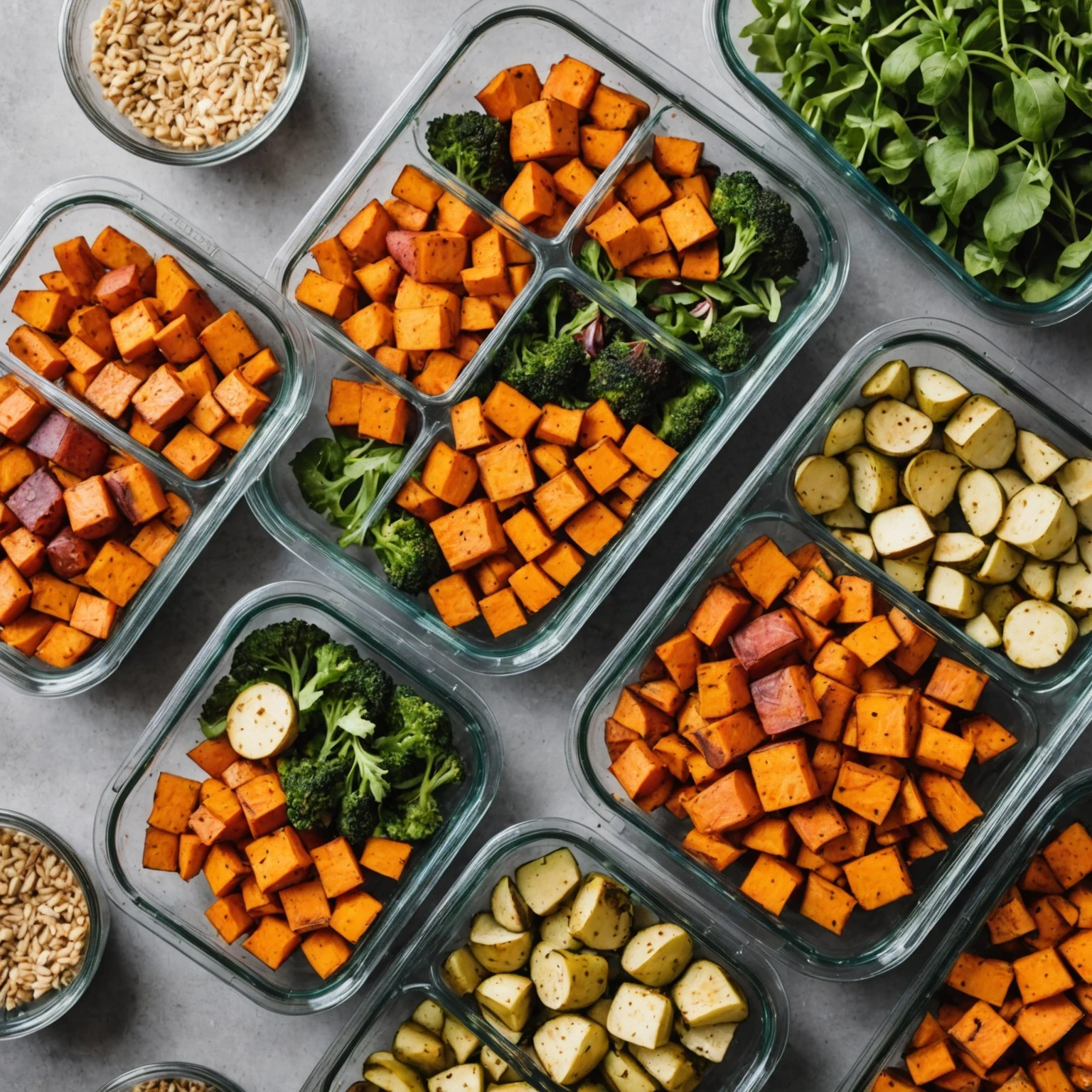 Meal prep containers filled with roasted sweet potatoes, winter squash, and seasoned root vegetables for a gluten-free diet.
