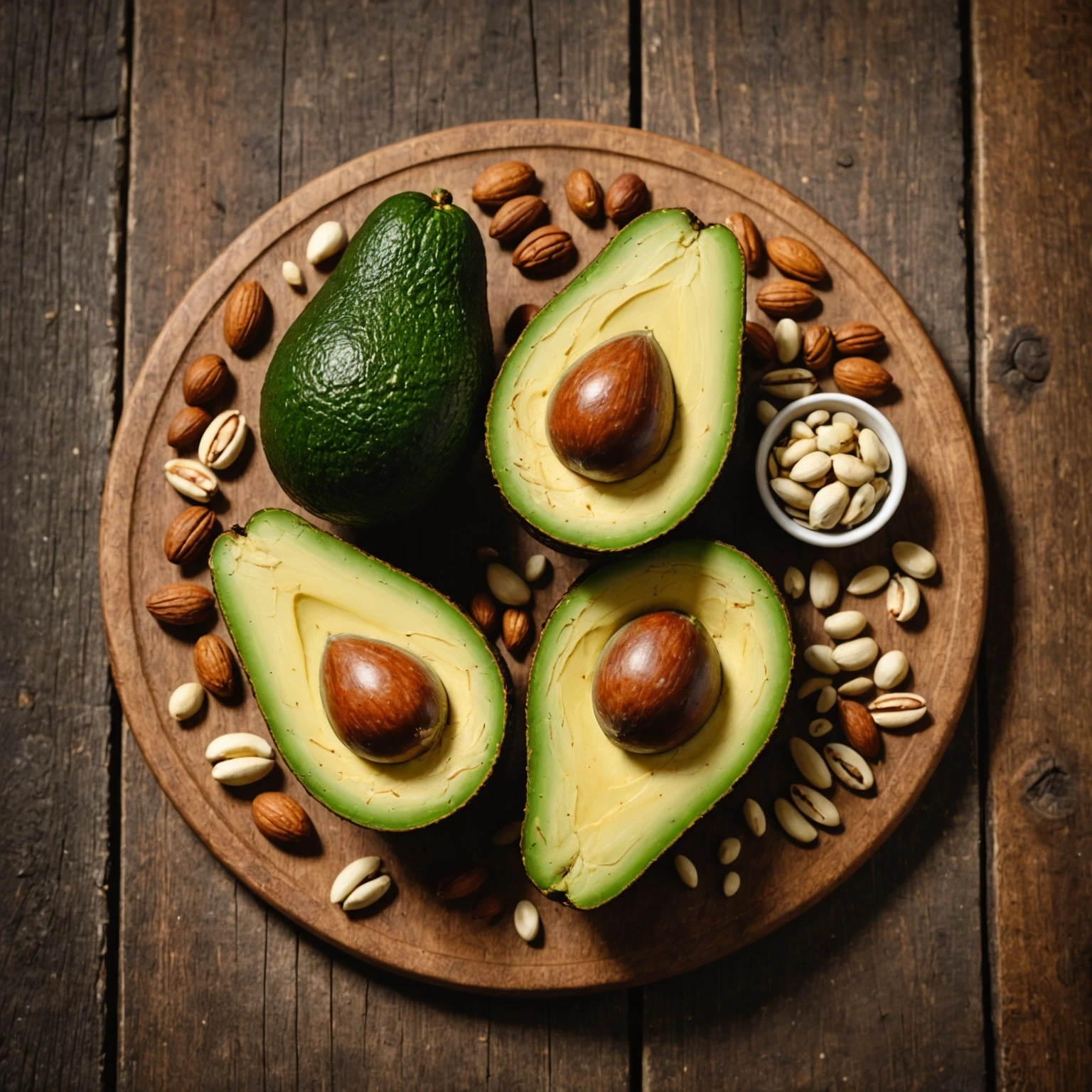 Fresh avocado halves and a selection of nuts and seeds displayed on a wooden board, illustrating healthy gluten-free fats.