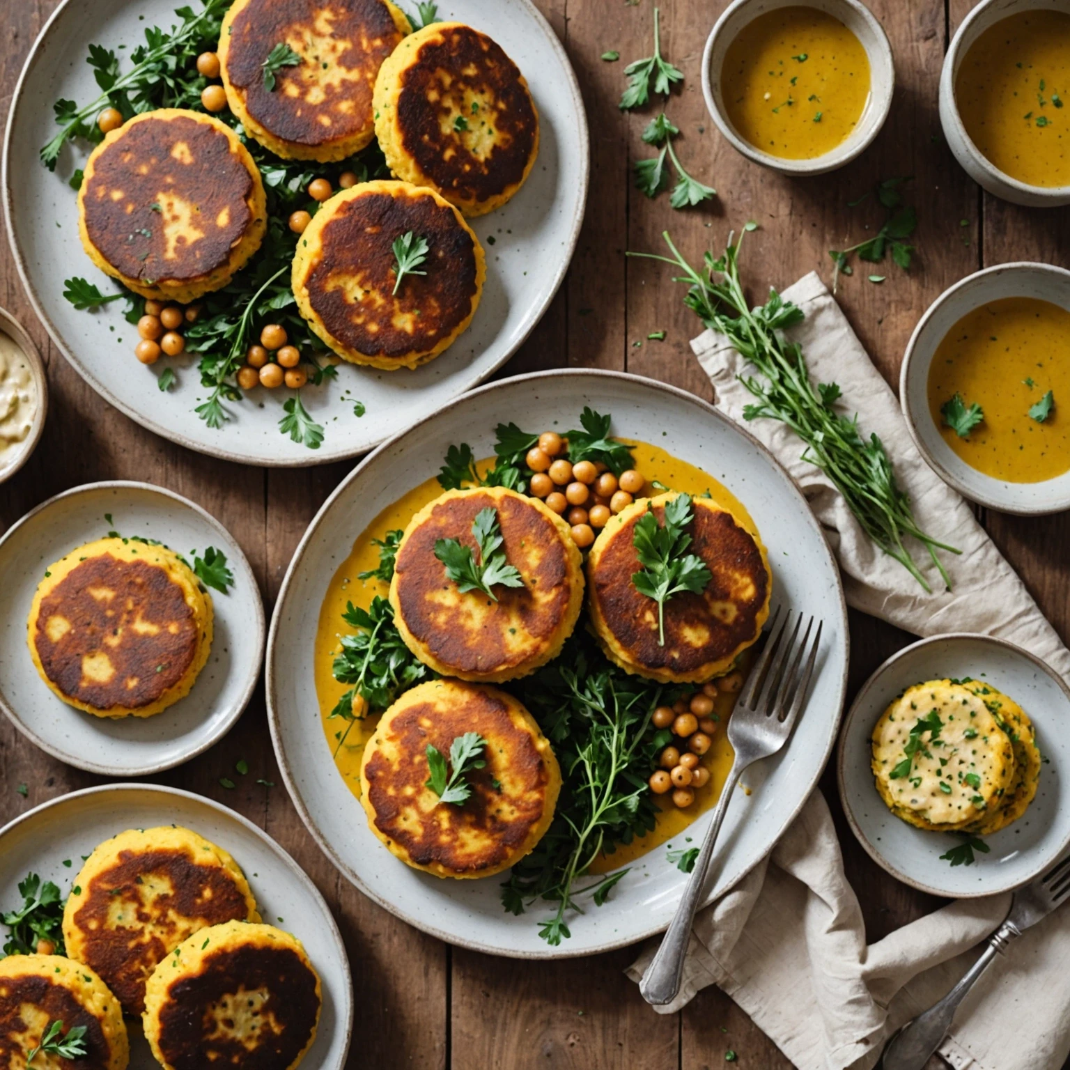 Gluten-Free Family-Friendly Mediterranean Polenta and Chickpea Cakes with Herbed Tahini Sauce