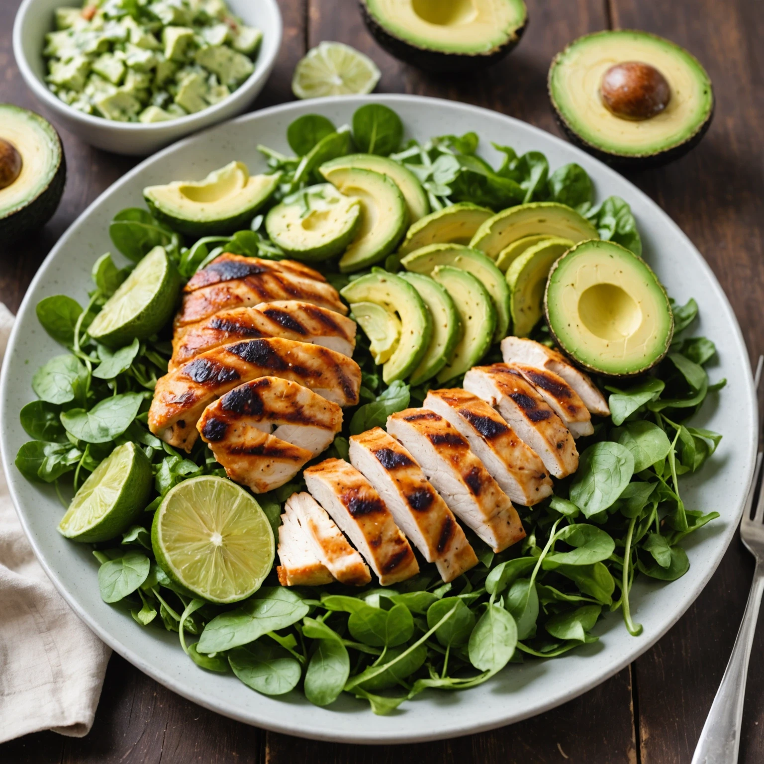 Close-up of gluten-free grilled chicken and avocado salad with cilantro lime dressing on a white plate