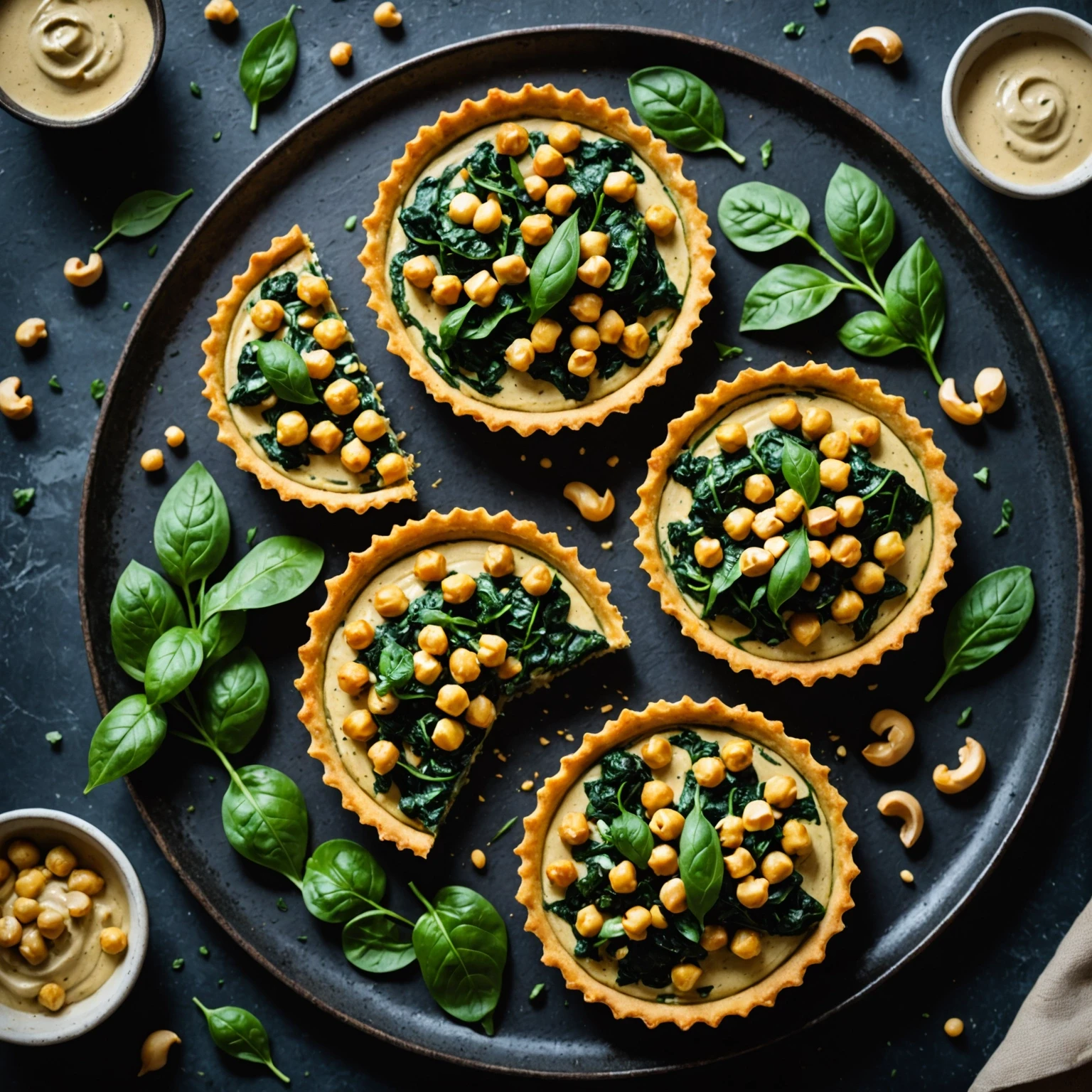 Gluten-free savory chickpea and spinach tarts with cashew cream on a dark slate platter garnished with fresh greens
